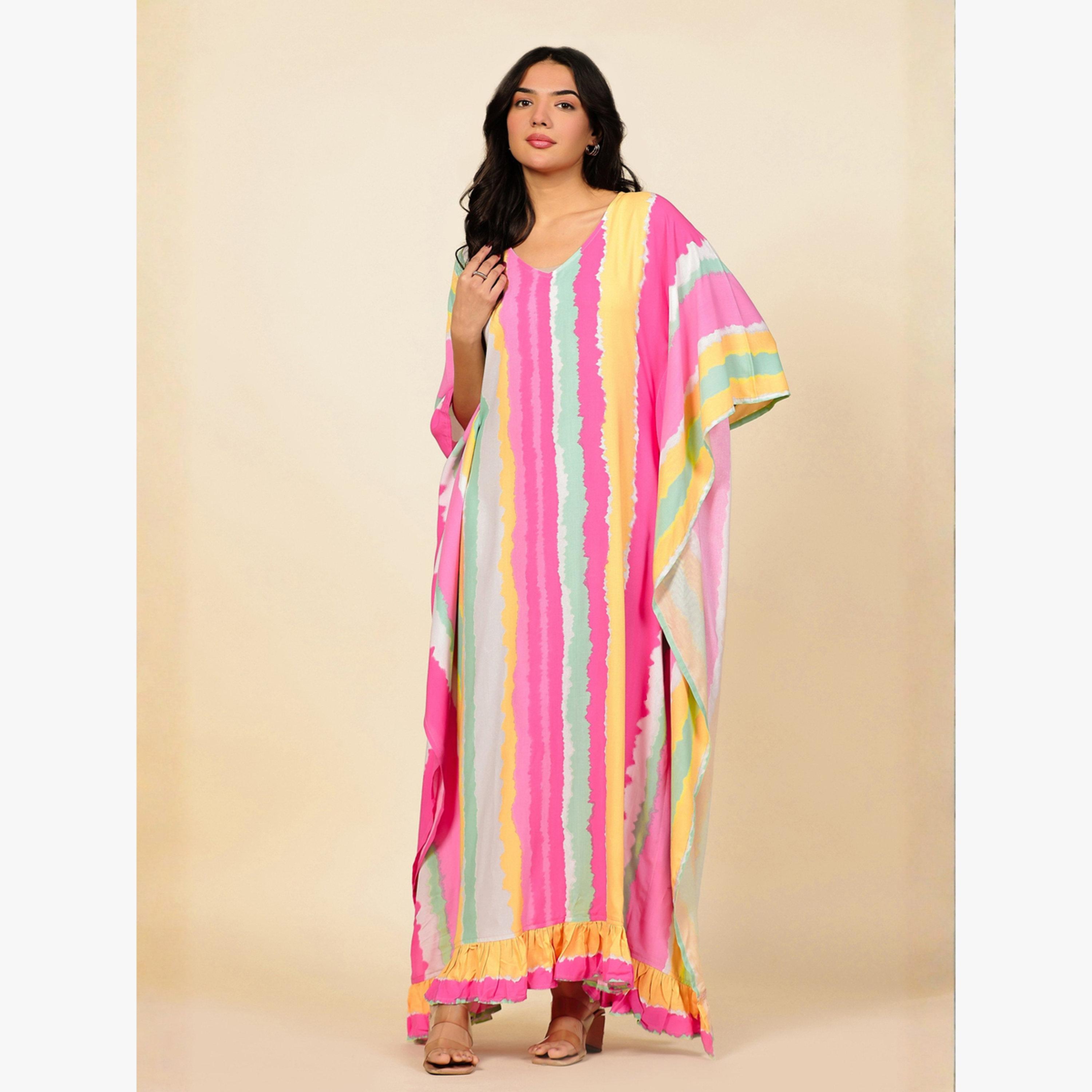 قميص نوم قفطان مخطط بحافة كشكش-women-clothing-nightwear-nighties-image-2