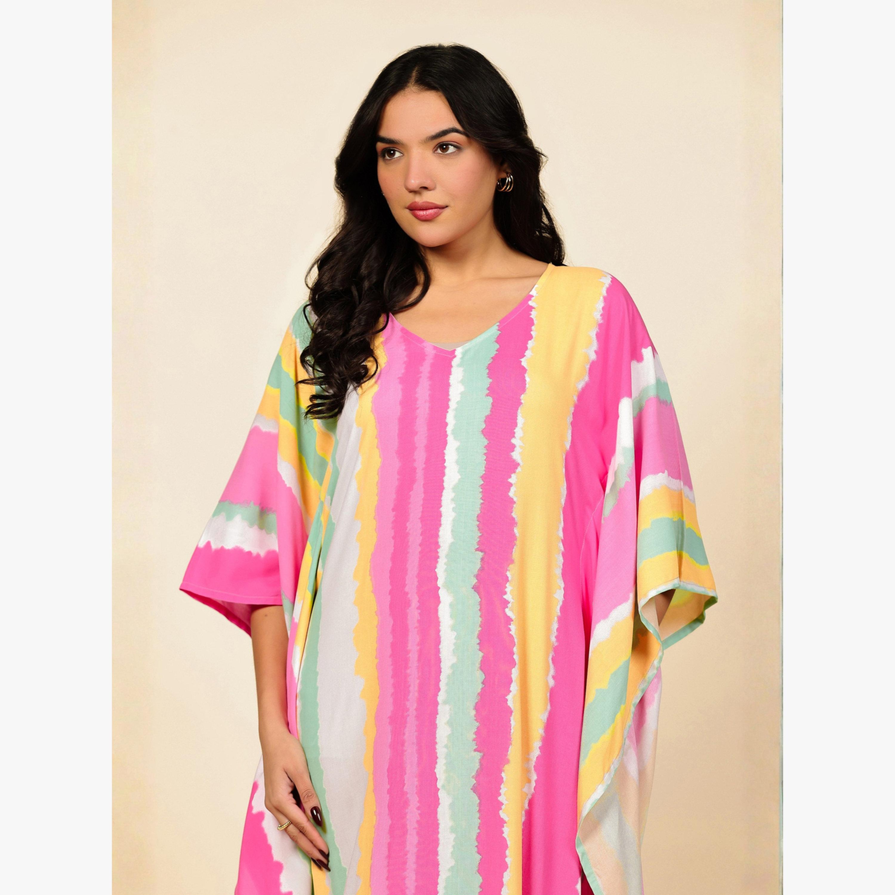 The Kaftan Company X Styli Multi Striped Kaftan Nightdress with Ruffle Hem-women-clothing-nightwear-nighties-image-4