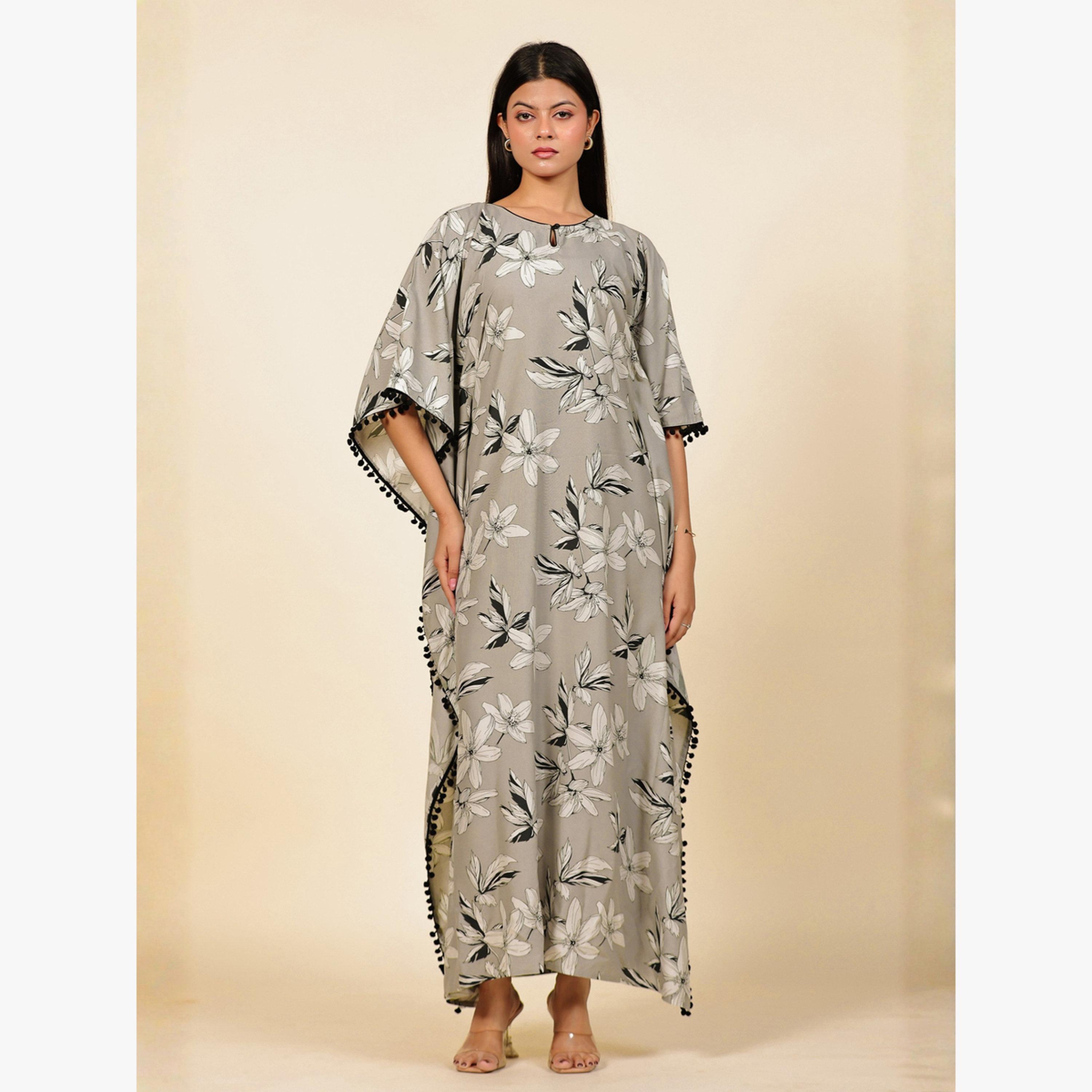 The Kaftan Company X Styli Grey Floral Print Kaftan Nightdress with Pom-Pom Trim-women-clothing-nightwear-nighties-image-1