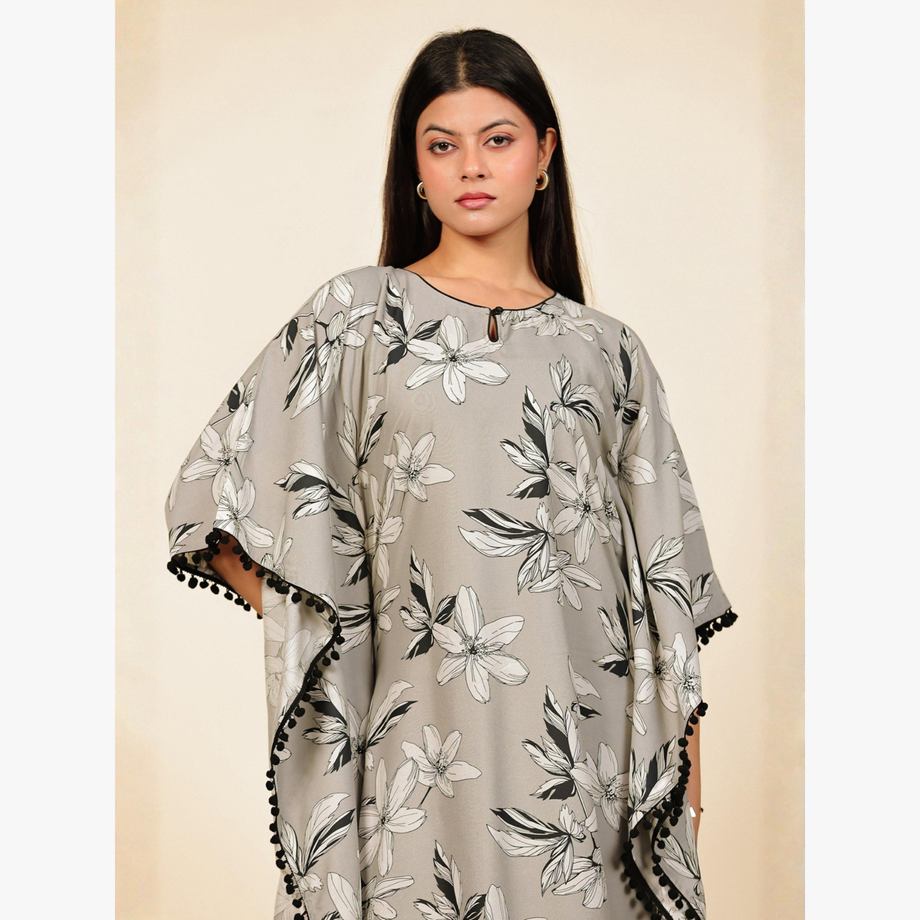 The Kaftan Company X Styli Grey Floral Print Kaftan Nightdress with Pom-Pom Trim-women-clothing-nightwear-nighties-image-3