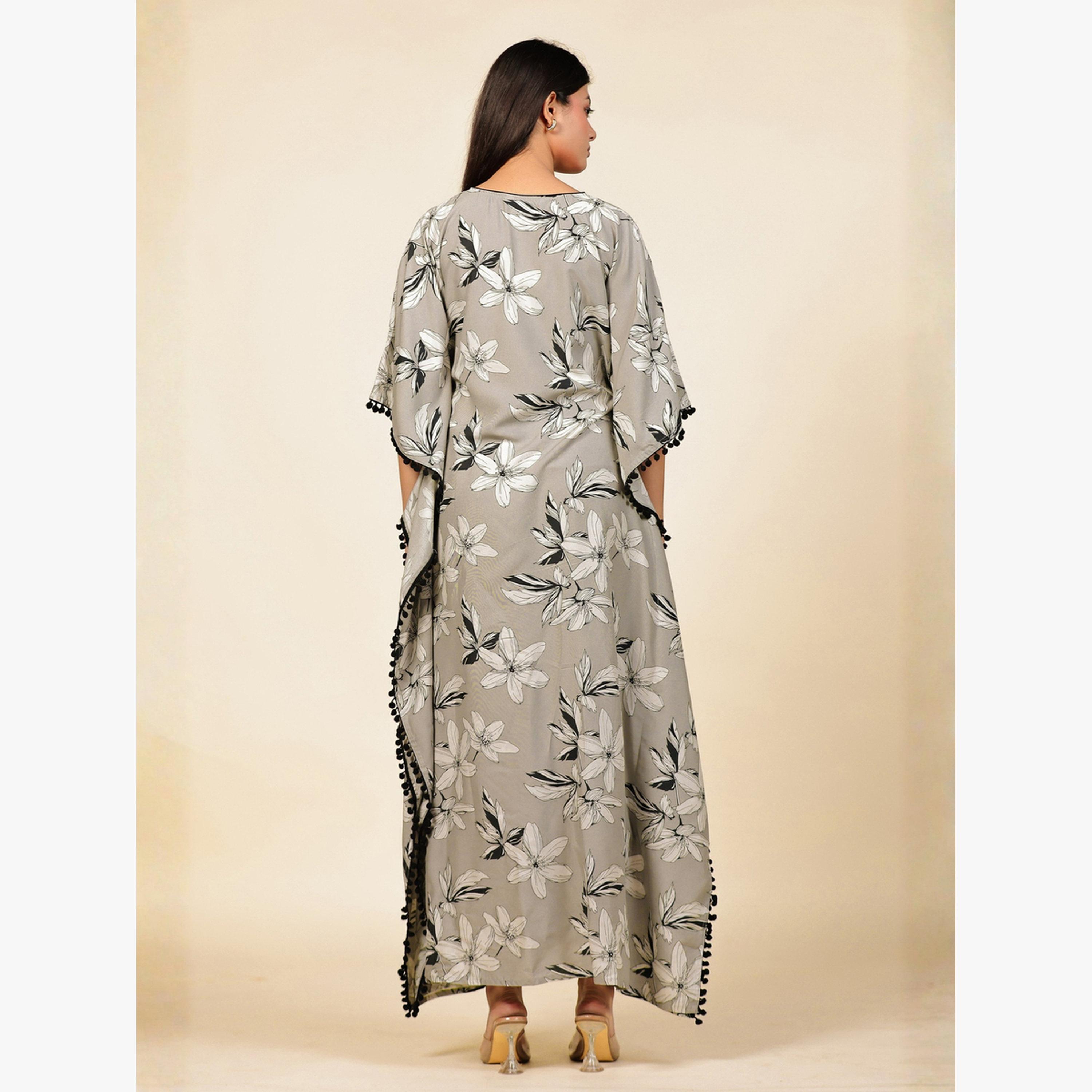 The Kaftan Company X Styli Grey Floral Print Kaftan Nightdress with Pom-Pom Trim-women-clothing-nightwear-nighties-image-4