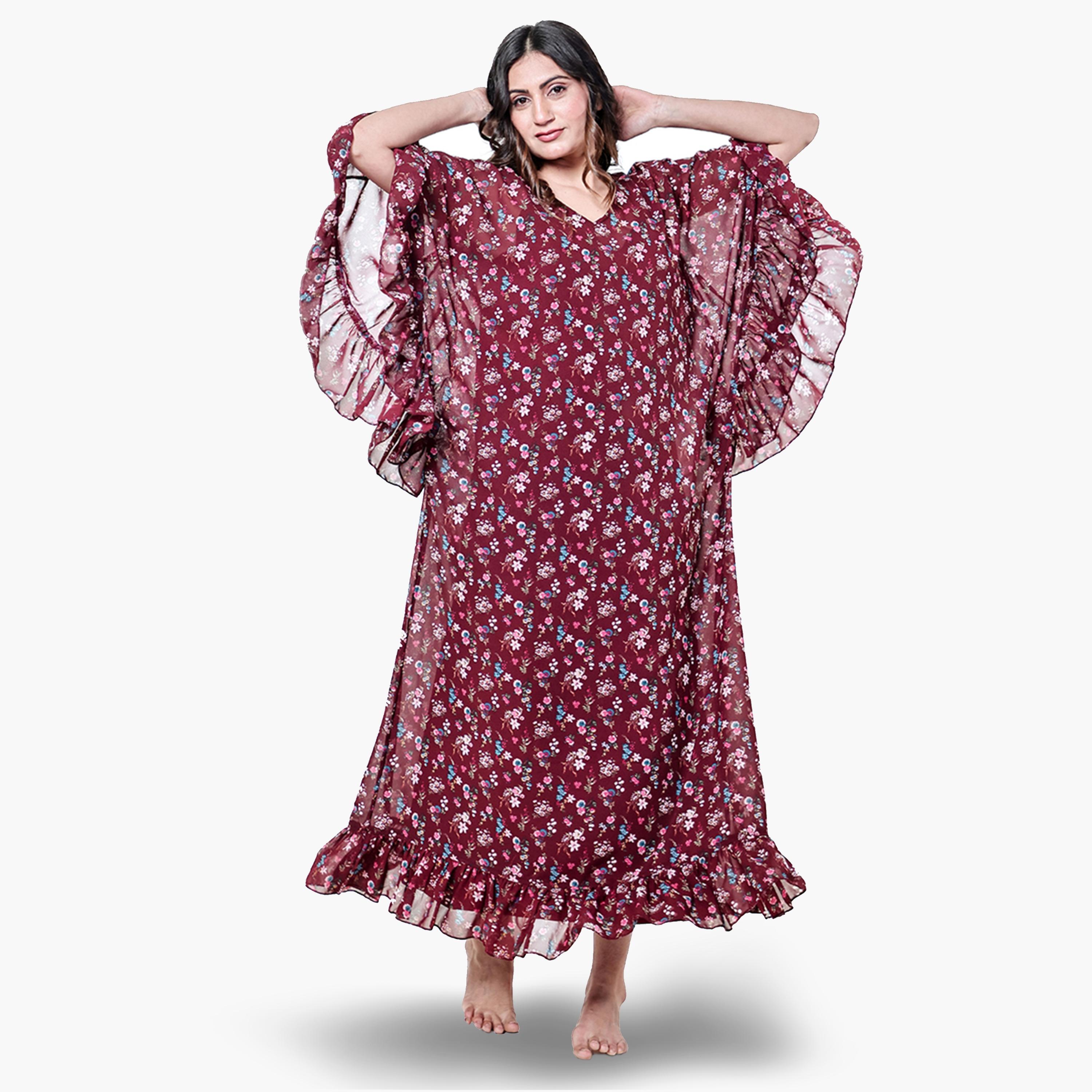 قميص نوم شيفون بأكمام كشكش وطبعة زهور-women-clothing-nightwear-nighties-image-1
