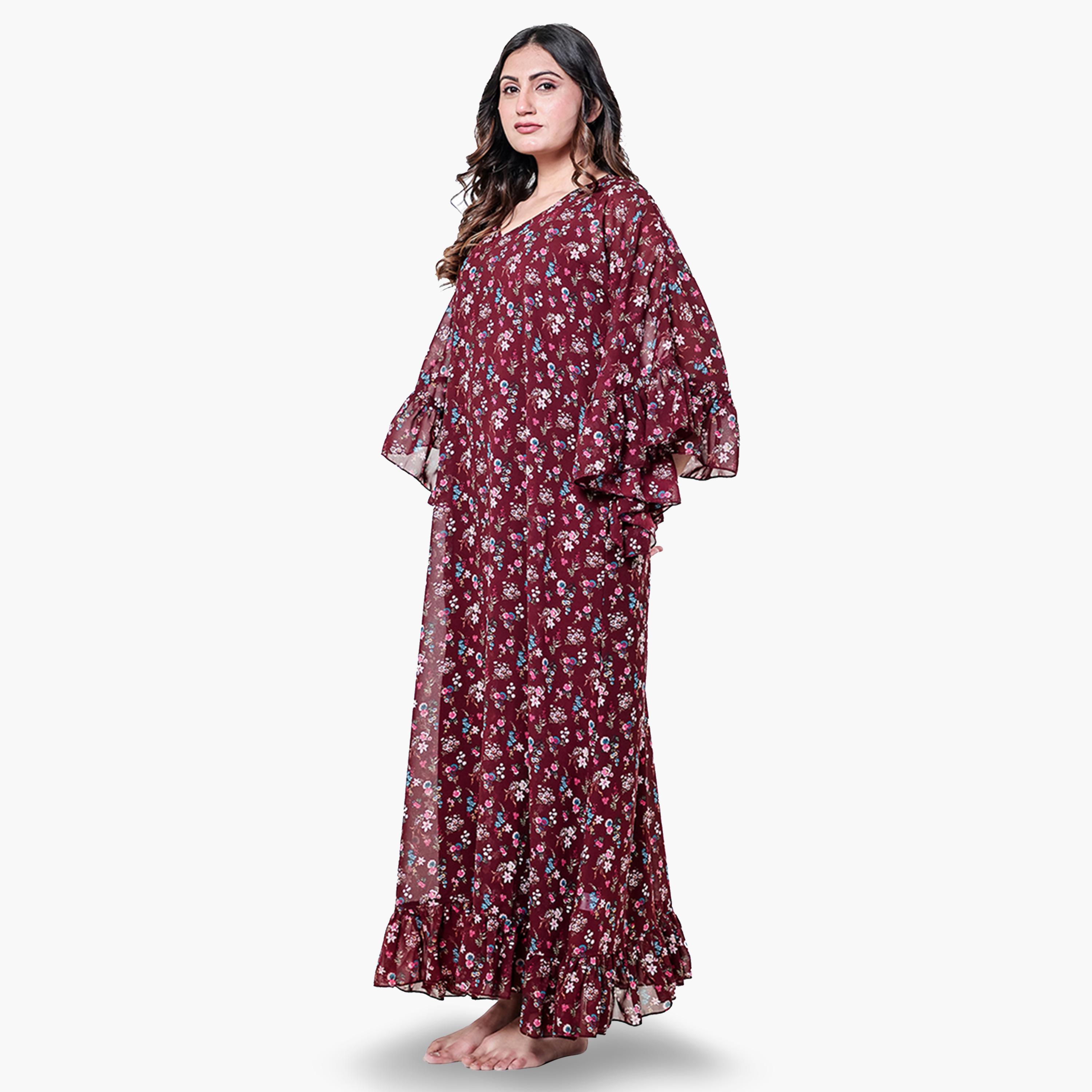 قميص نوم شيفون بأكمام كشكش وطبعة زهور-women-clothing-nightwear-nighties-image-2