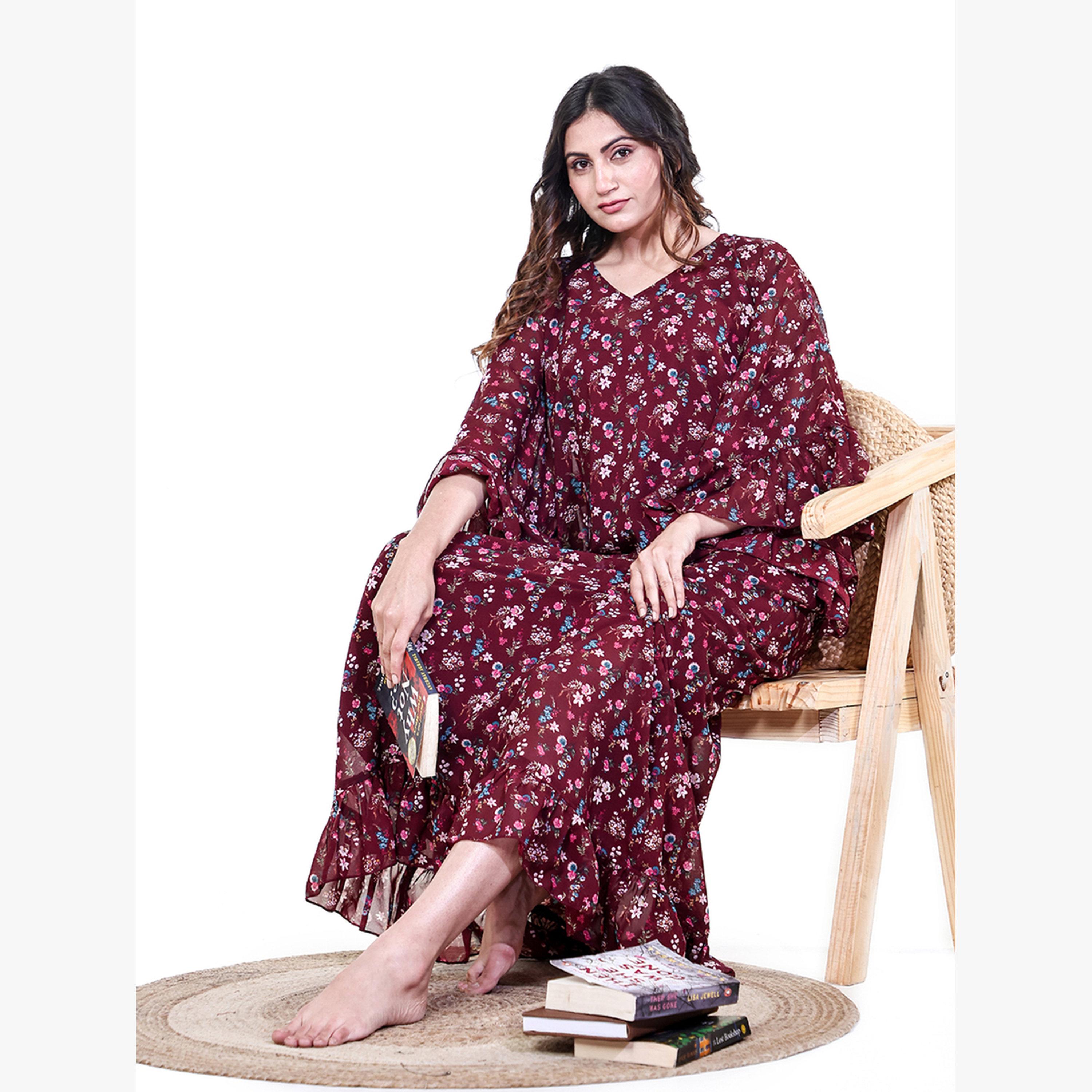 قميص نوم شيفون بأكمام كشكش وطبعة زهور-women-clothing-nightwear-nighties-image-3