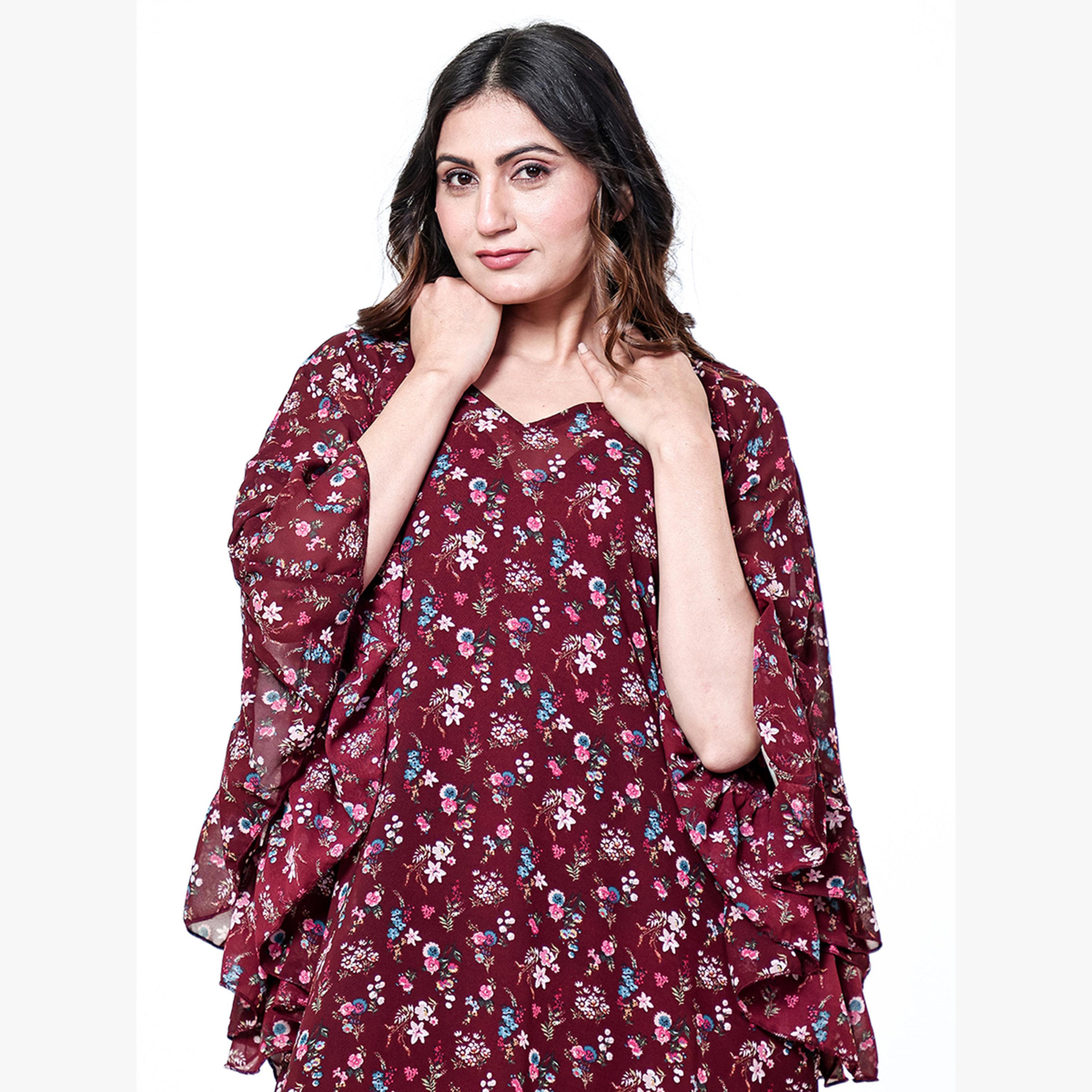 قميص نوم شيفون بأكمام كشكش وطبعة زهور-women-clothing-nightwear-nighties-image-4