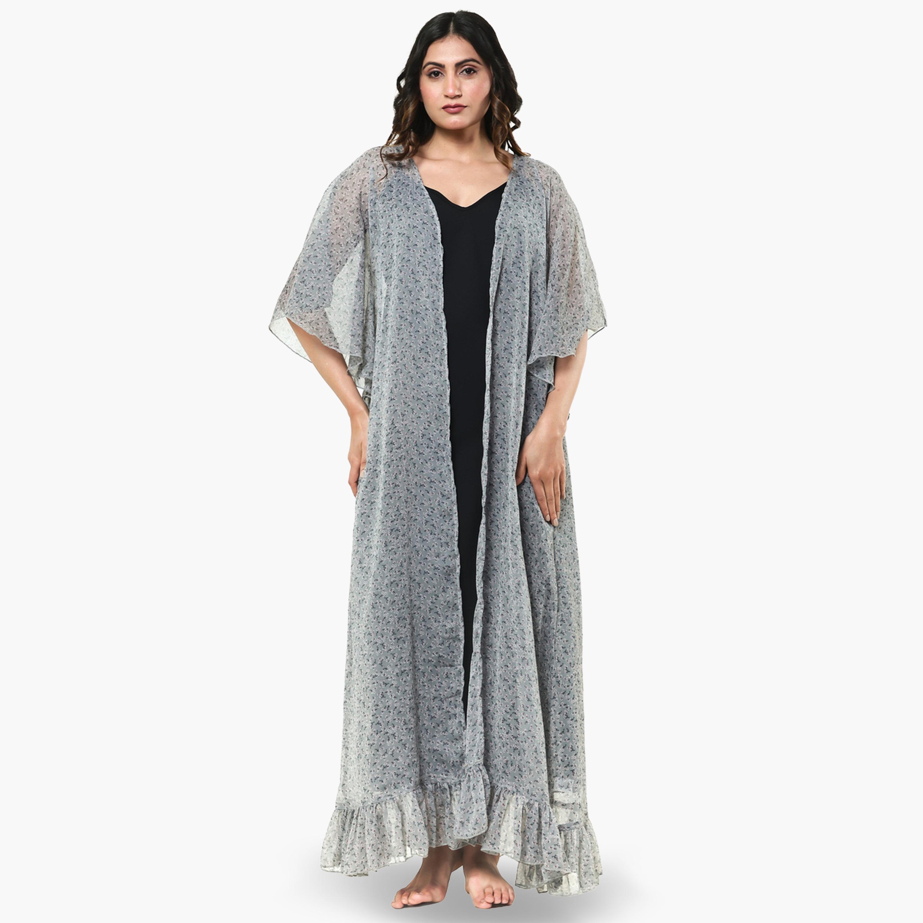 The Kaftan Company X Styli Grey Floral Chiffon Kaftan Nightgown with Inner Slip-women-clothing-nightwear-nighties-image-1