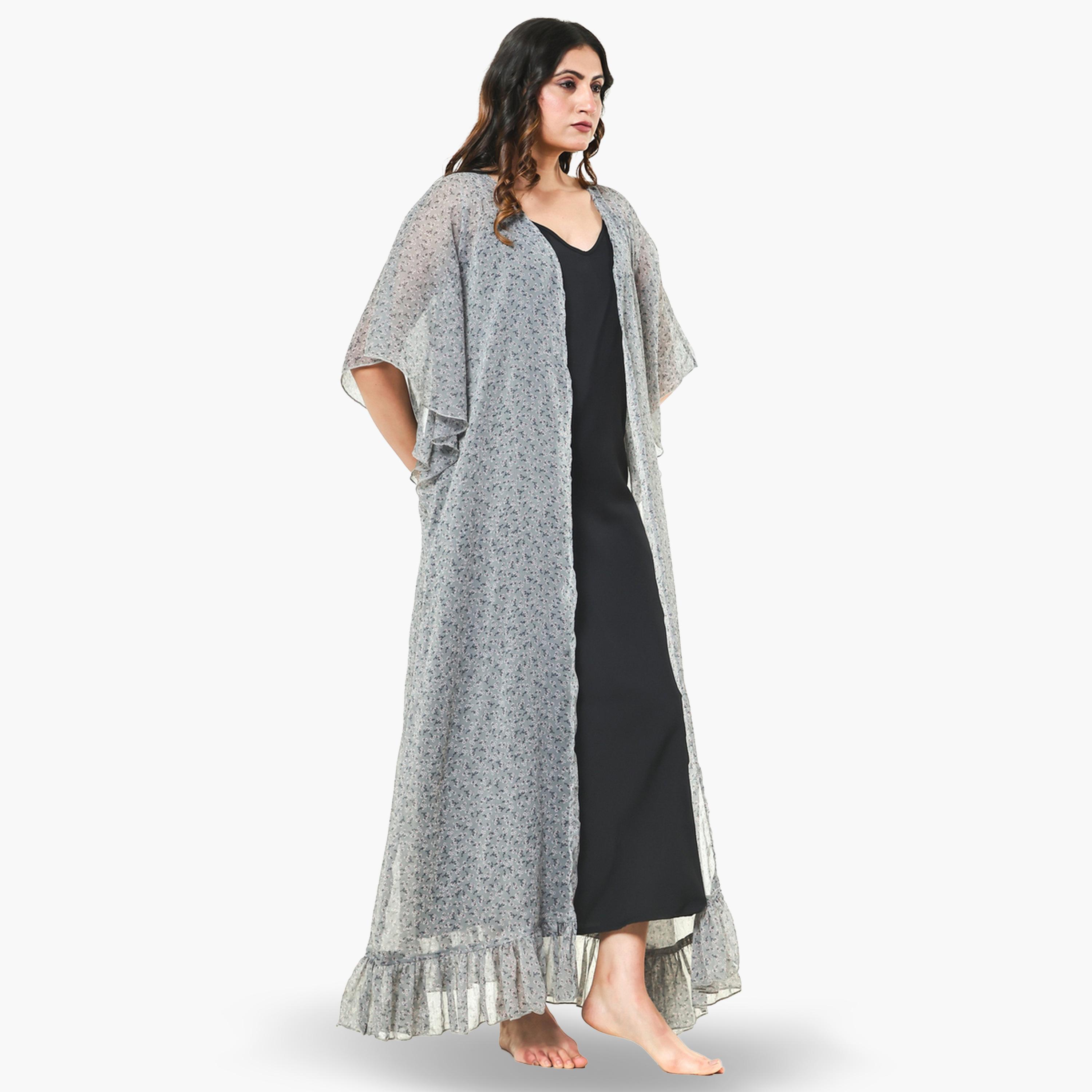 The Kaftan Company X Styli Grey Floral Chiffon Kaftan Nightgown with Inner Slip-women-clothing-nightwear-nighties-image-2