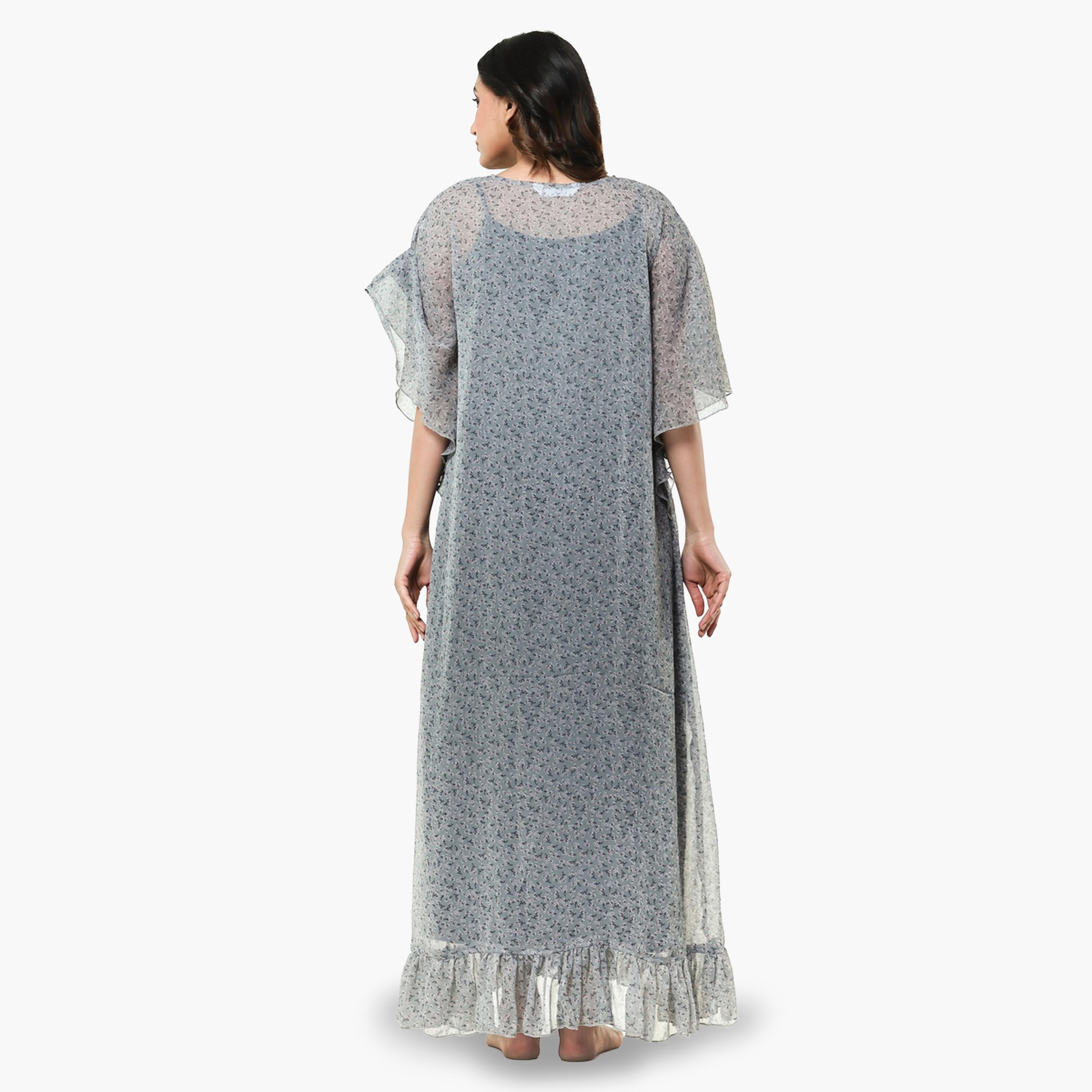 The Kaftan Company X Styli Grey Floral Chiffon Kaftan Nightgown with Inner Slip-women-clothing-nightwear-nighties-image-5