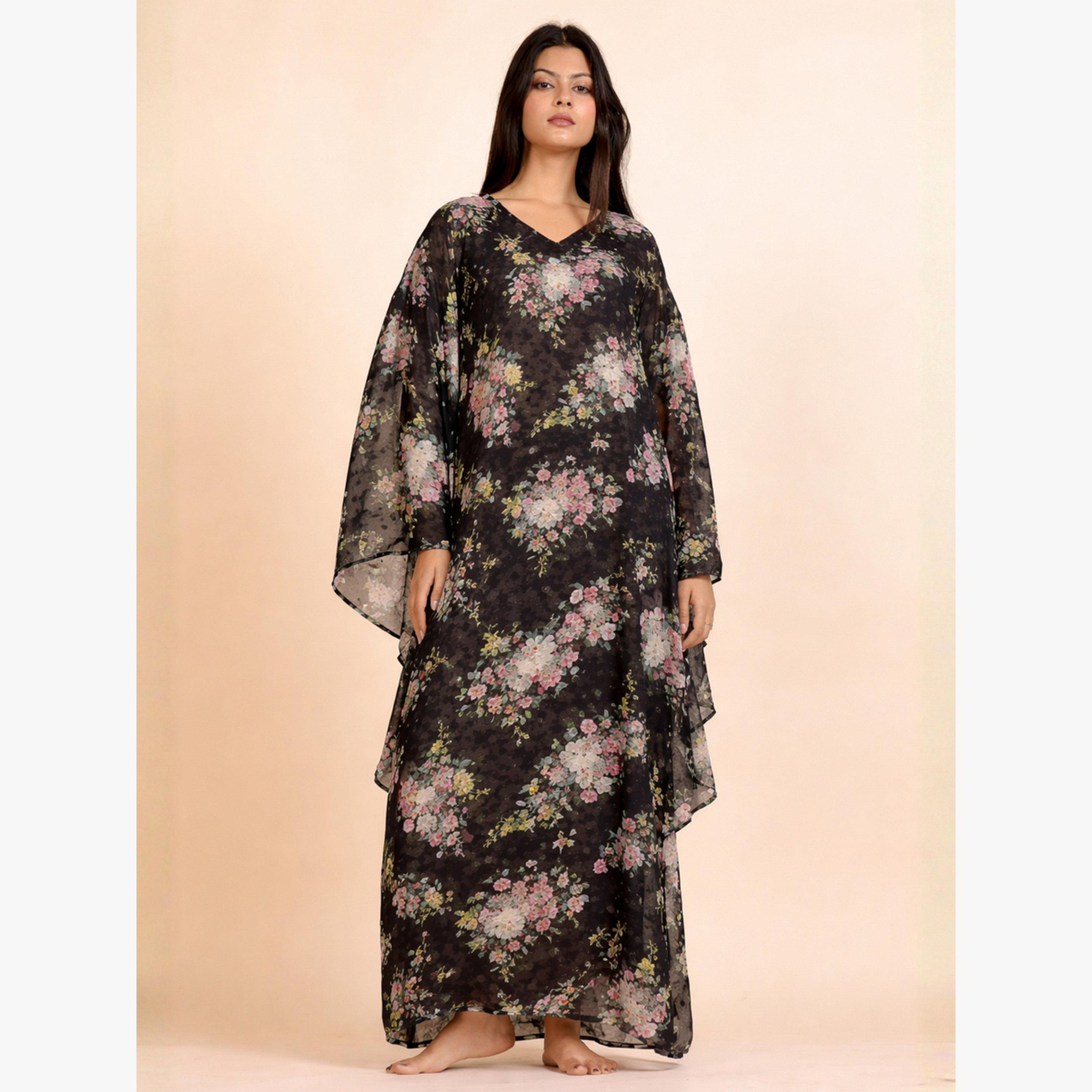 The Kaftan Company X Styli Black Floral Georgette Kaftan Dress with Inner Slip-women-clothing-nightwear-nighties-image-1