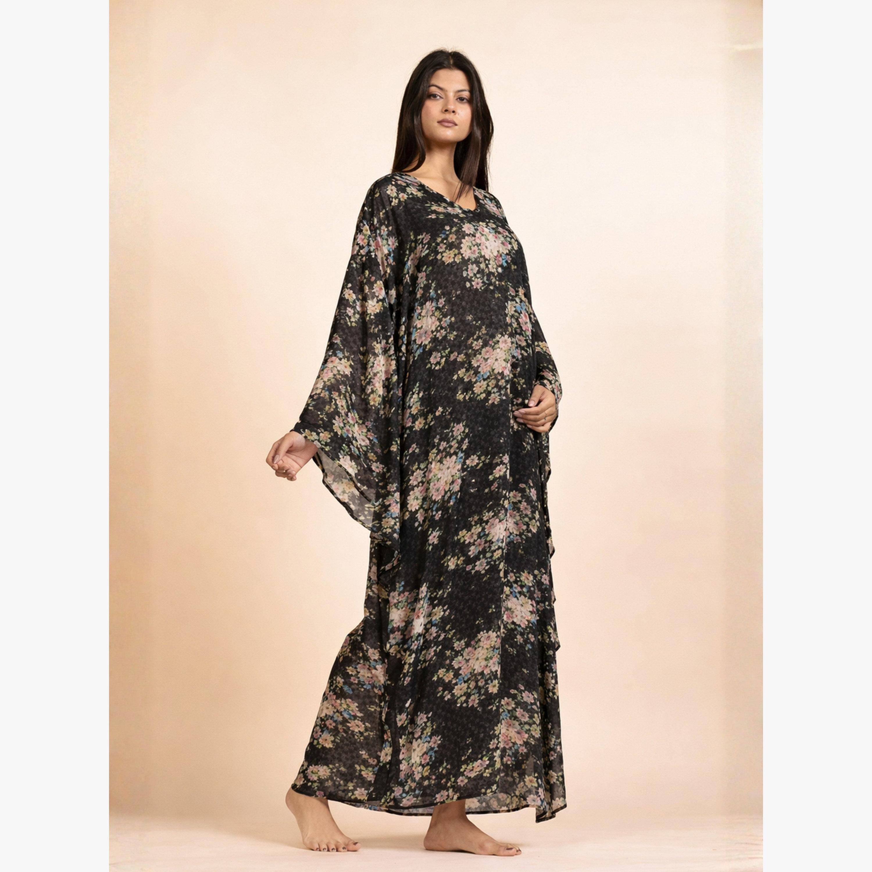 The Kaftan Company X Styli Black Floral Georgette Kaftan Dress with Inner Slip-women-clothing-nightwear-nighties-image-2