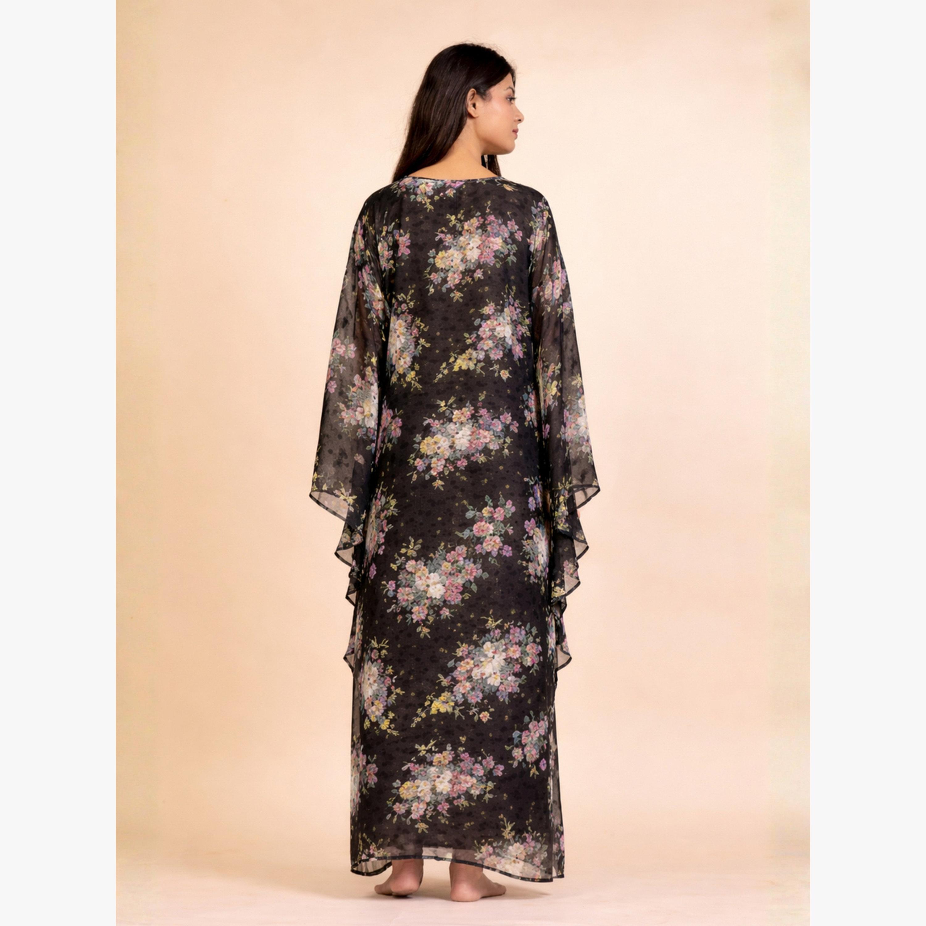 The Kaftan Company X Styli Black Floral Georgette Kaftan Dress with Inner Slip-women-clothing-nightwear-nighties-image-4