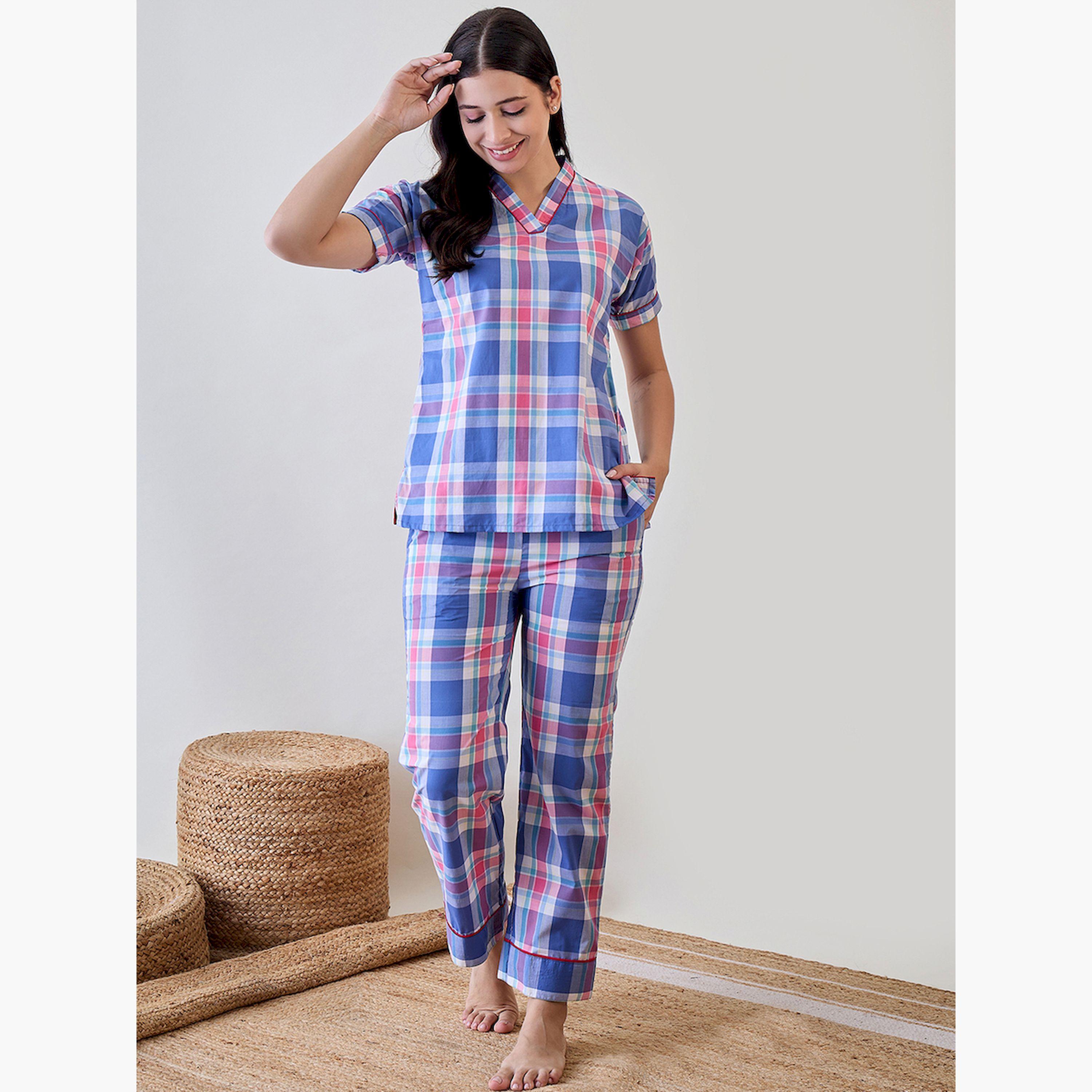 طقم بيجاما من بنطال وبلوزة قطن بطبعة كاروهات-women-clothing-nightwear-pyjamas-longsets-image-1