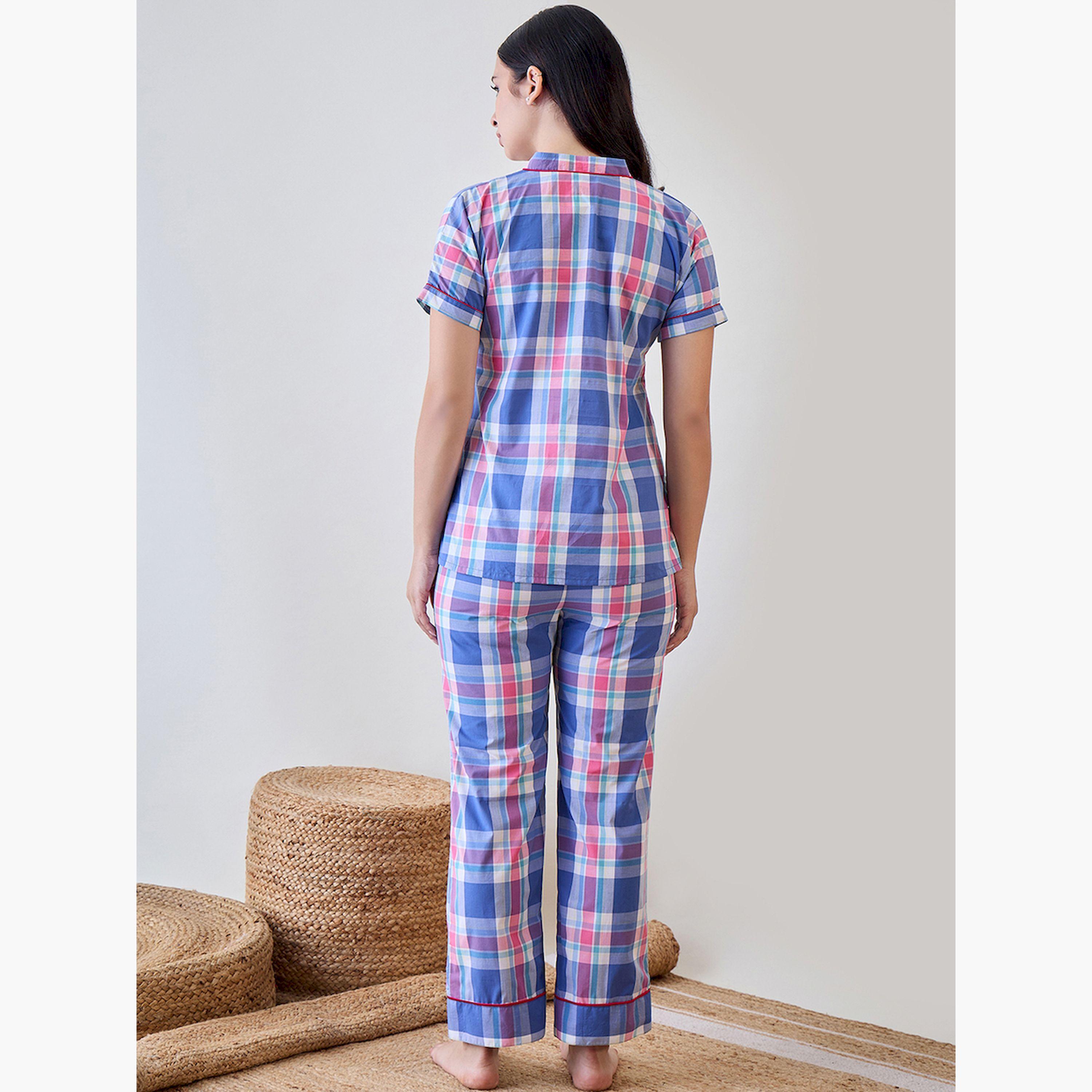 The Kaftan Company X Styli Checkered Print Cotton Top and Pyjama Set-women-clothing-nightwear-pyjamas-longsets-image-3
