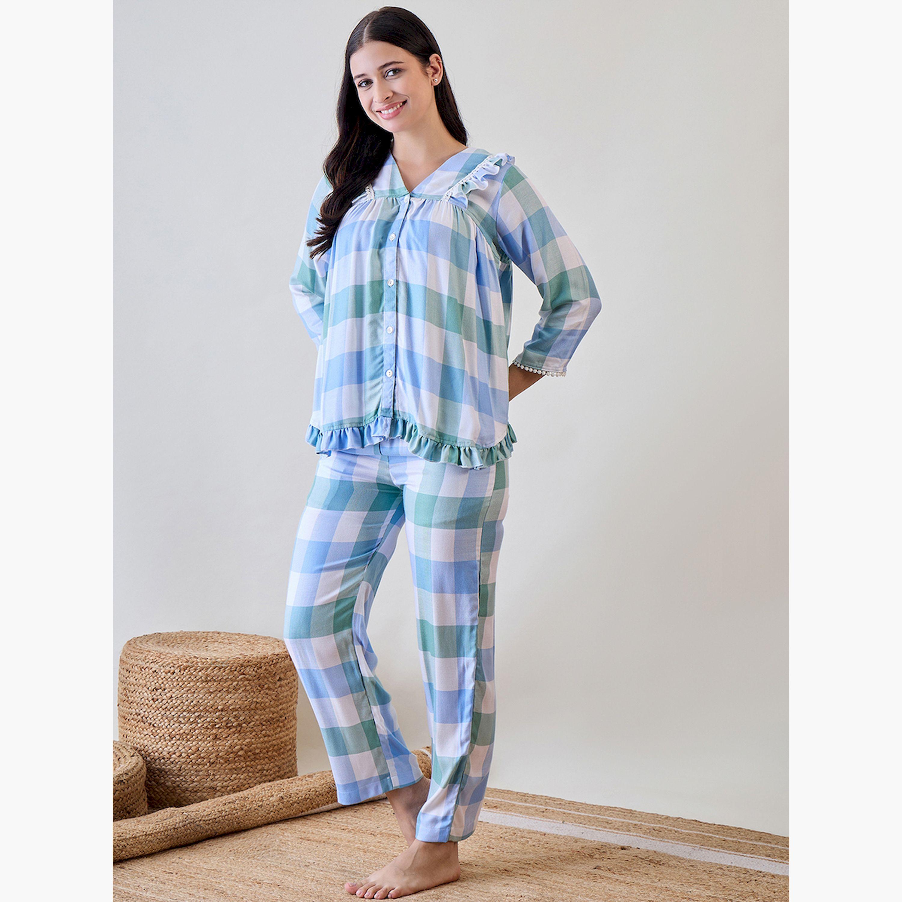 The Kaftan Company X Styli Checked Printed Ruffled Shirt and Pyjama Set-women-clothing-nightwear-pyjamas-longsets-image-2