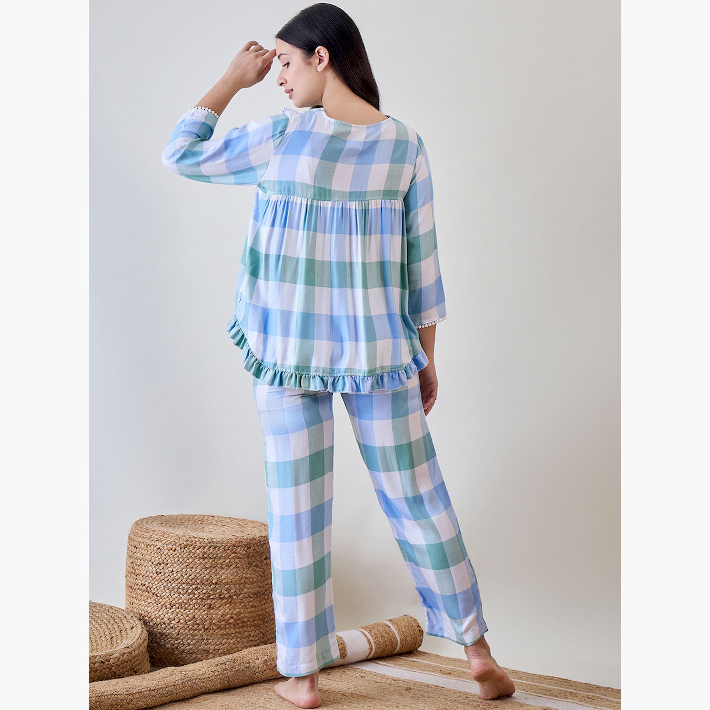 The Kaftan Company X Styli Checked Printed Ruffled Shirt and Pyjama Set-women-clothing-nightwear-pyjamas-longsets-image-3