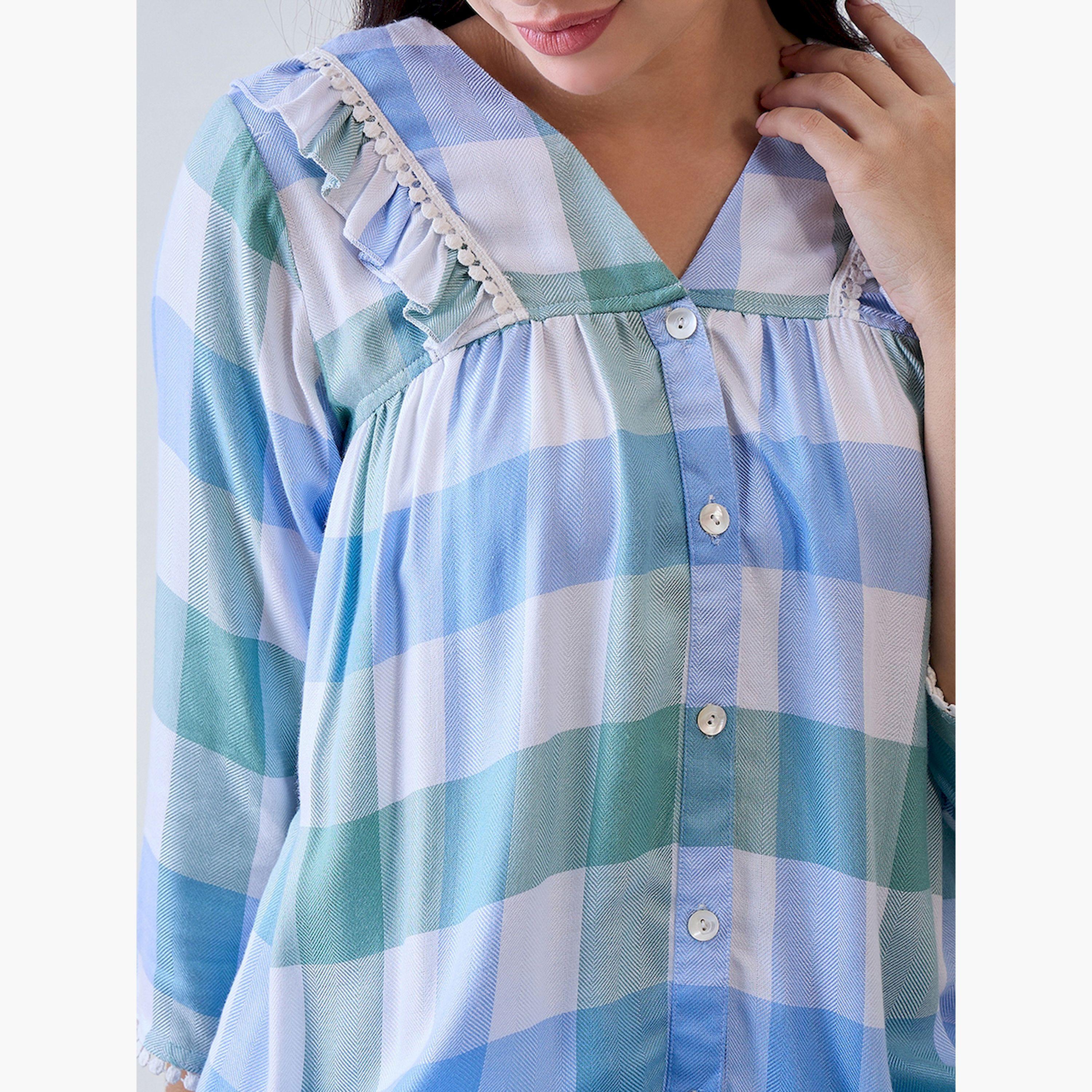 The Kaftan Company X Styli Checked Printed Ruffled Shirt and Pyjama Set-women-clothing-nightwear-pyjamas-longsets-image-5