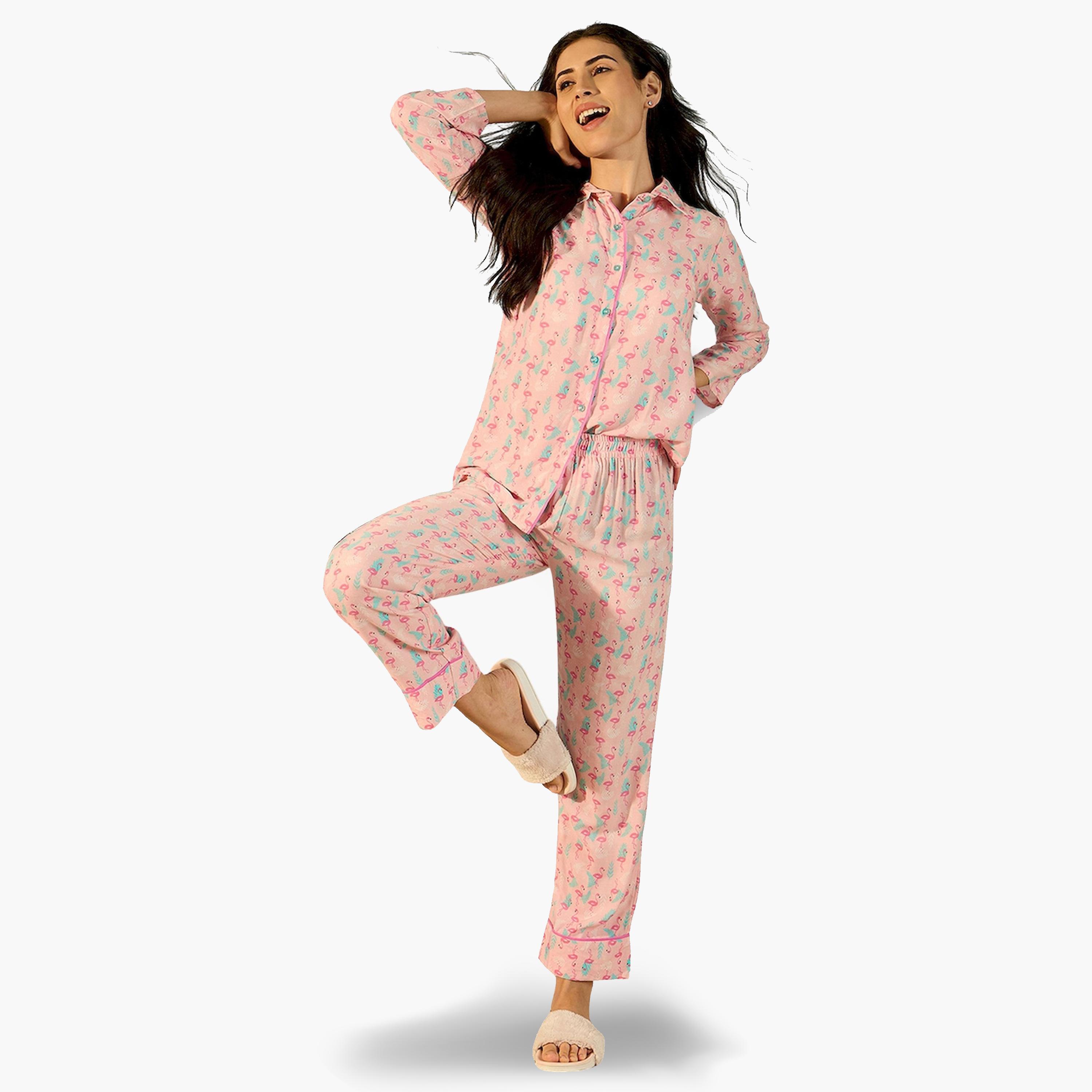 طقم بيجاما من بنطال وبلوزة قطن بطبعة فلامنجو-women-clothing-nightwear-pyjamas-longsets-image-2