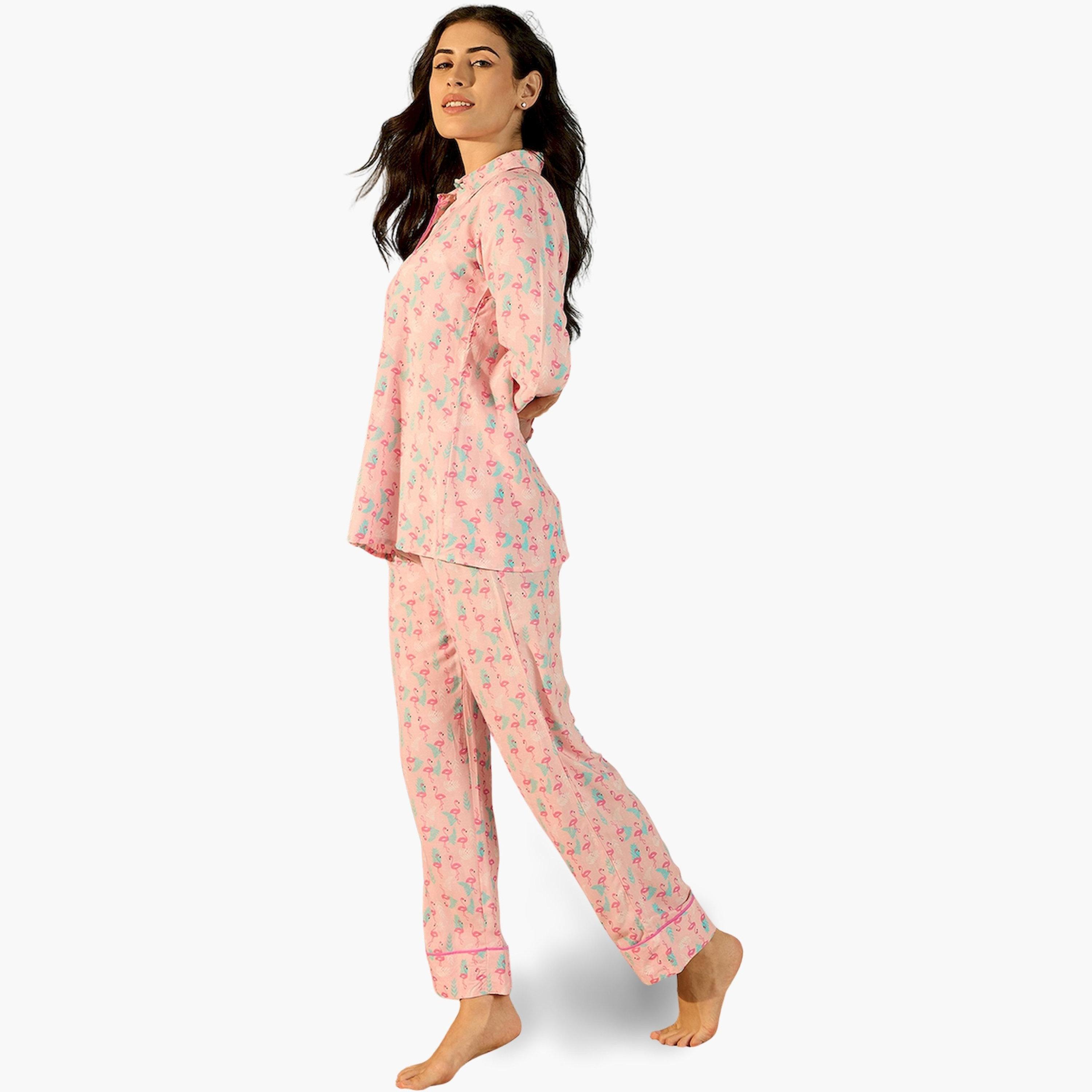 طقم بيجاما من بنطال وبلوزة قطن بطبعة فلامنجو-women-clothing-nightwear-pyjamas-longsets-image-3