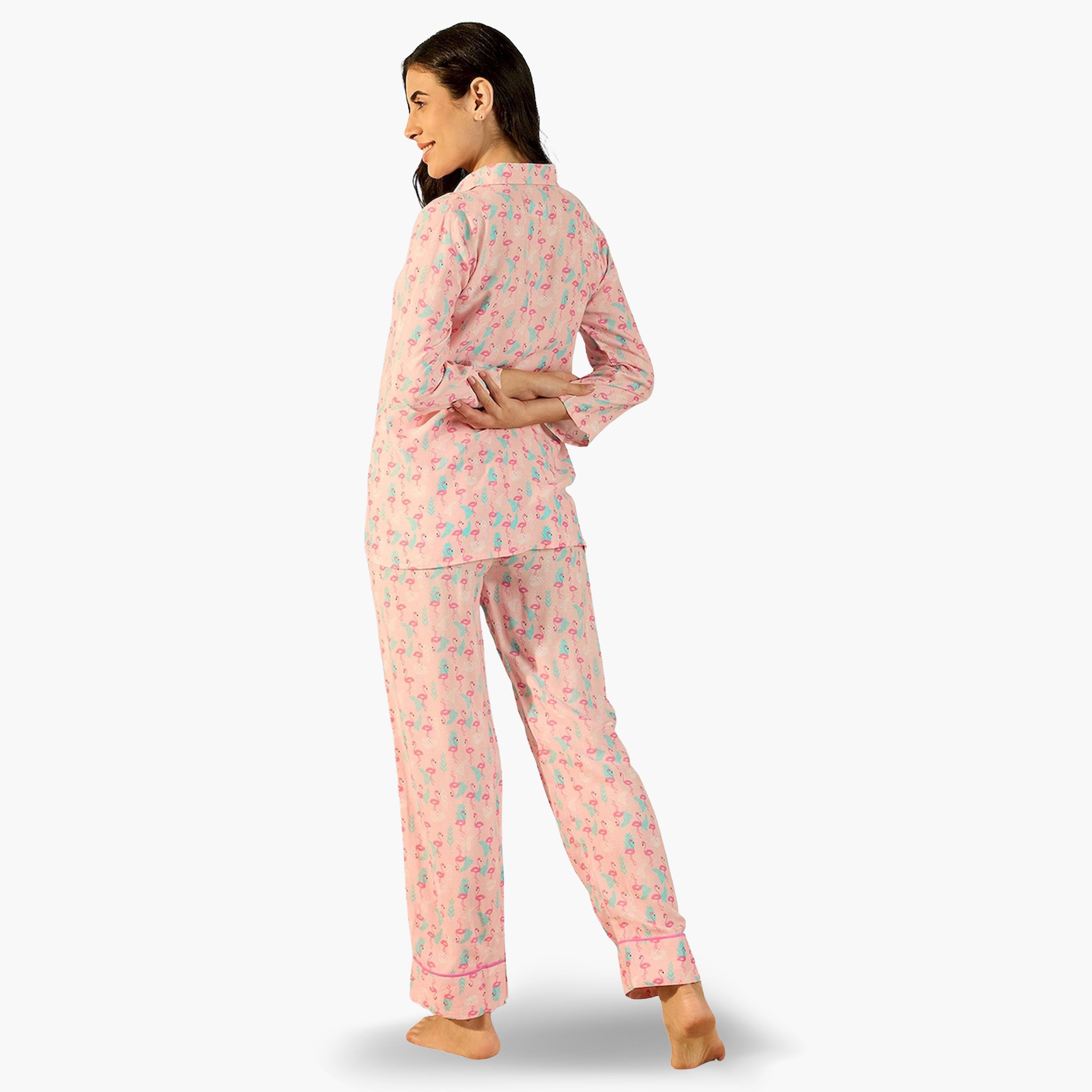 طقم بيجاما من بنطال وبلوزة قطن بطبعة فلامنجو-women-clothing-nightwear-pyjamas-longsets-image-4