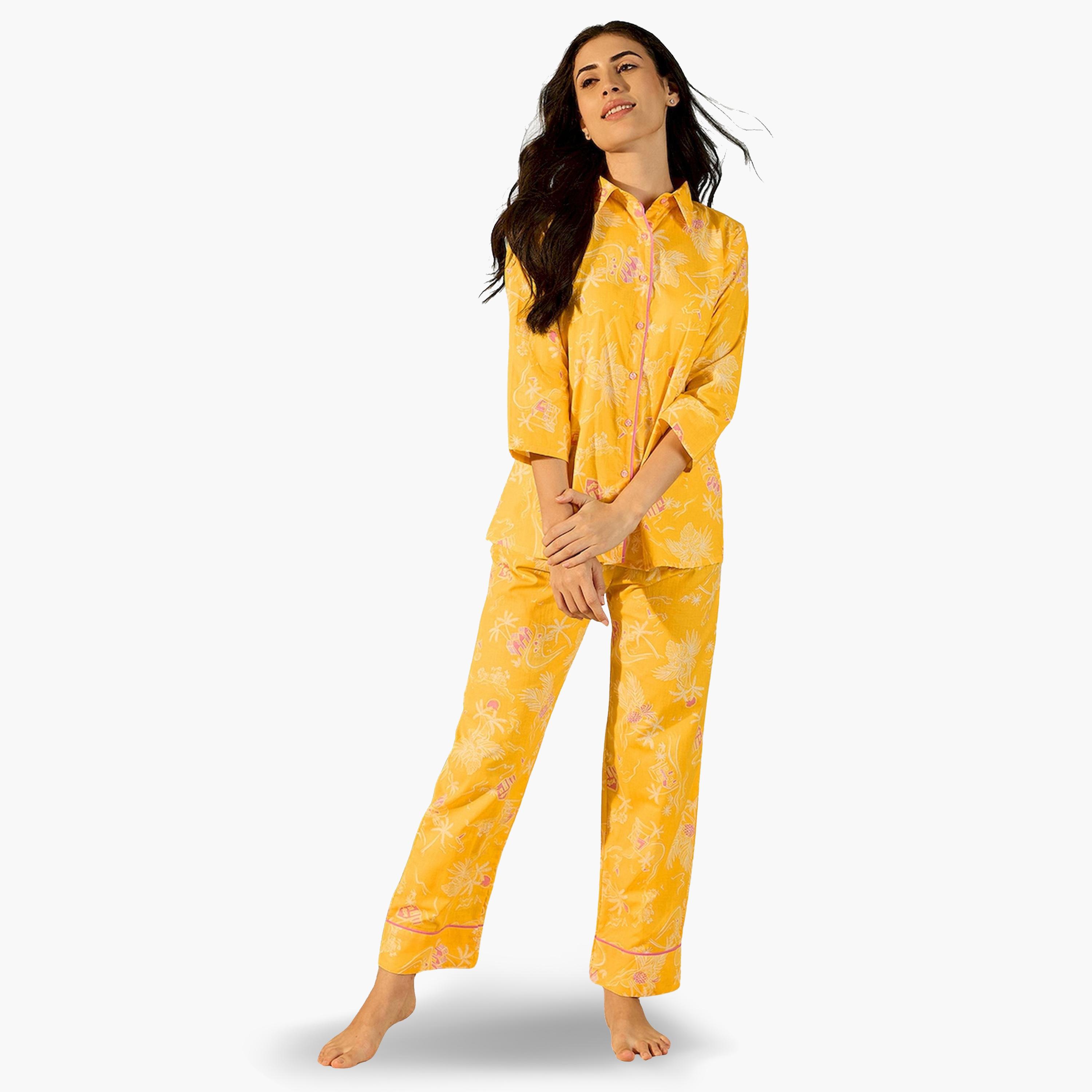 The Kaftan Company X Styli Yellow Cotton Printed Shirt and Pyjama Set-women-clothing-nightwear-pyjamas-longsets-image-1
