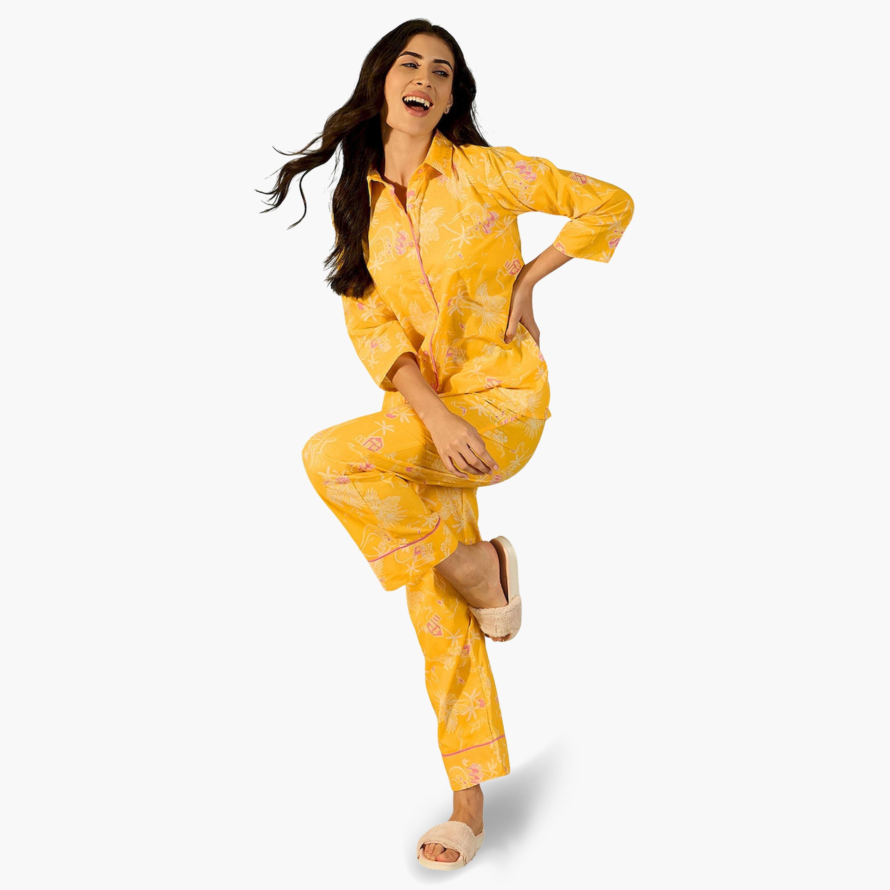 The Kaftan Company X Styli Yellow Cotton Printed Shirt and Pyjama Set-women-clothing-nightwear-pyjamas-longsets-image-2
