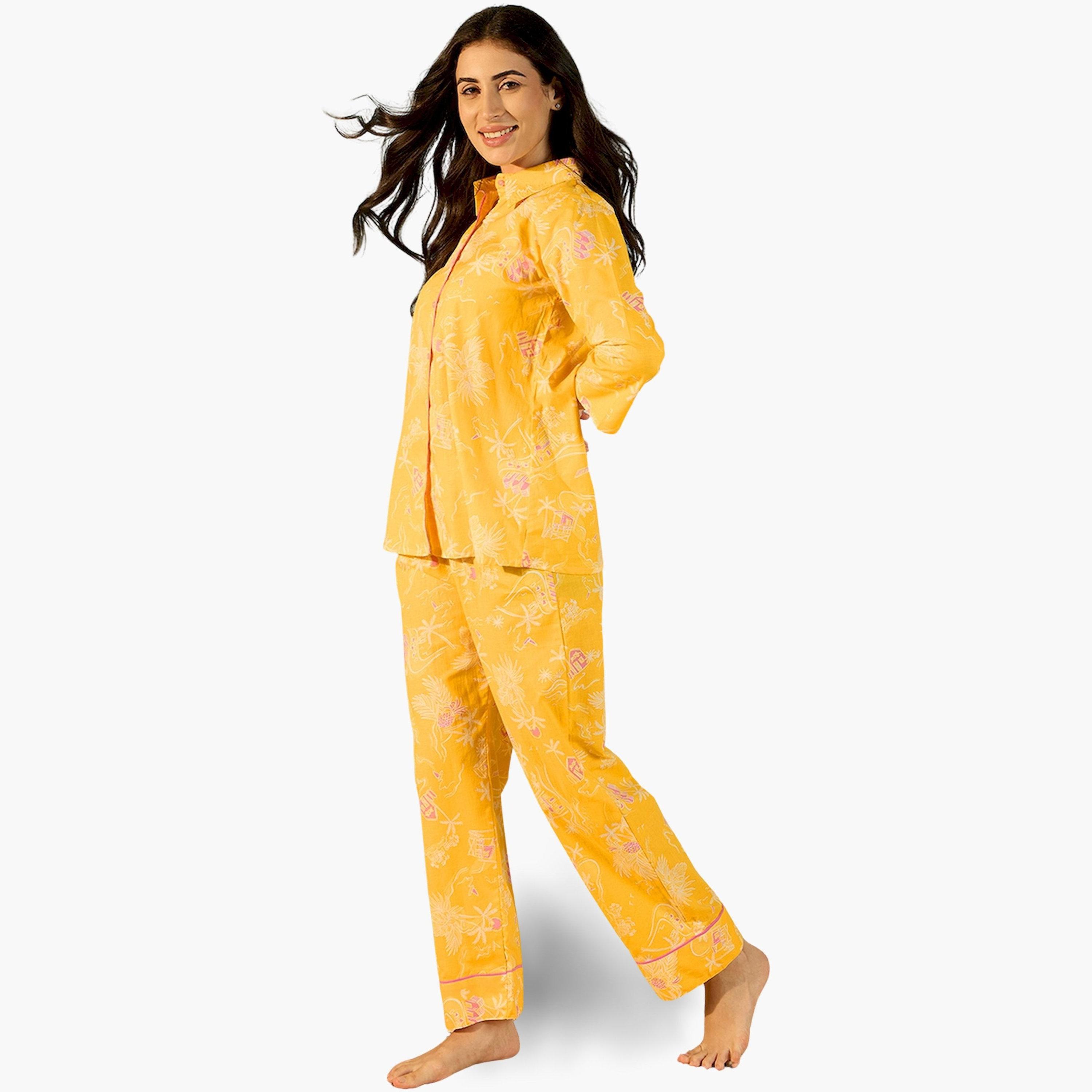 The Kaftan Company X Styli Yellow Cotton Printed Shirt and Pyjama Set-women-clothing-nightwear-pyjamas-longsets-image-3