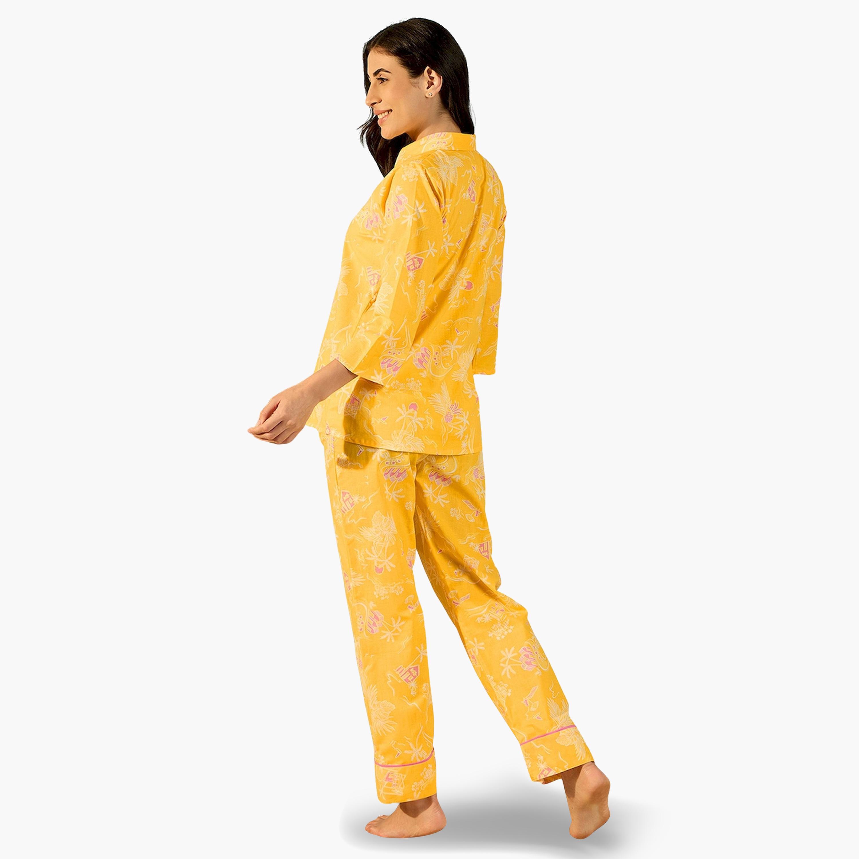 The Kaftan Company X Styli Yellow Cotton Printed Shirt and Pyjama Set-women-clothing-nightwear-pyjamas-longsets-image-4