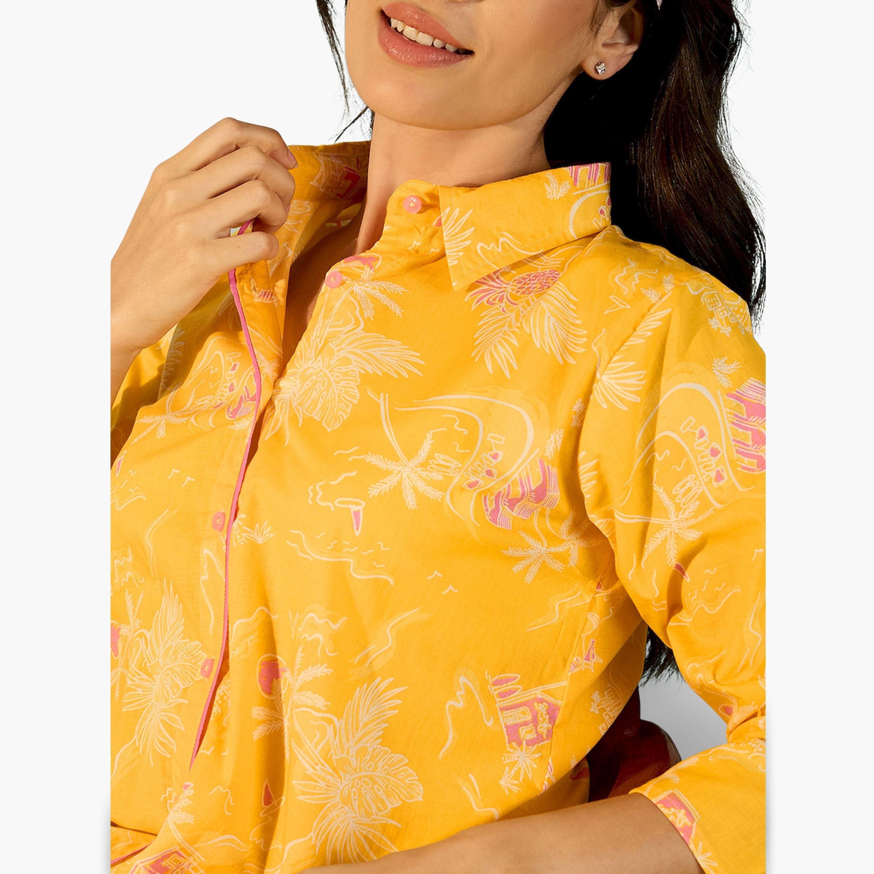 The Kaftan Company X Styli Yellow Cotton Printed Shirt and Pyjama Set-women-clothing-nightwear-pyjamas-longsets-image-6