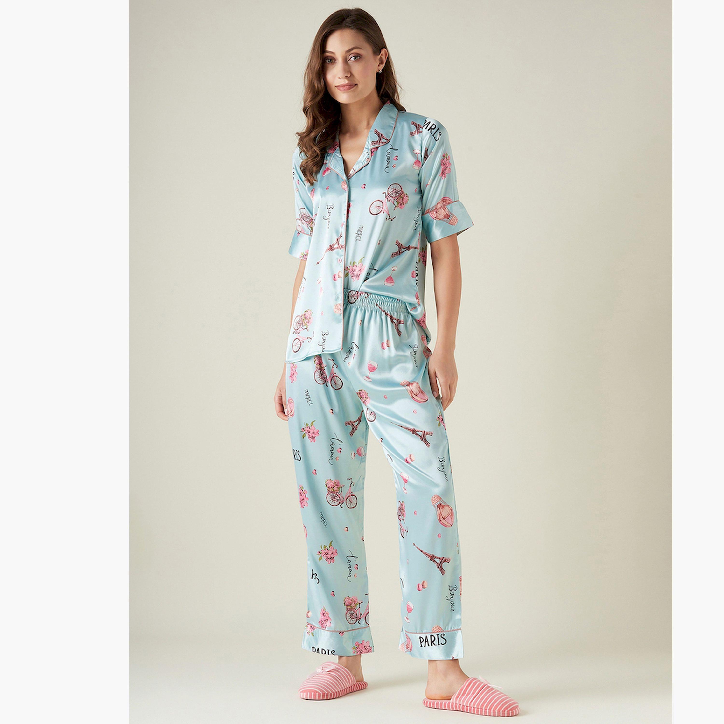 The Kaftan Company X Styli Blue Silky Satin Printed Shirt and Pyjama Set-women-clothing-nightwear-pyjamas-longsets-image-1