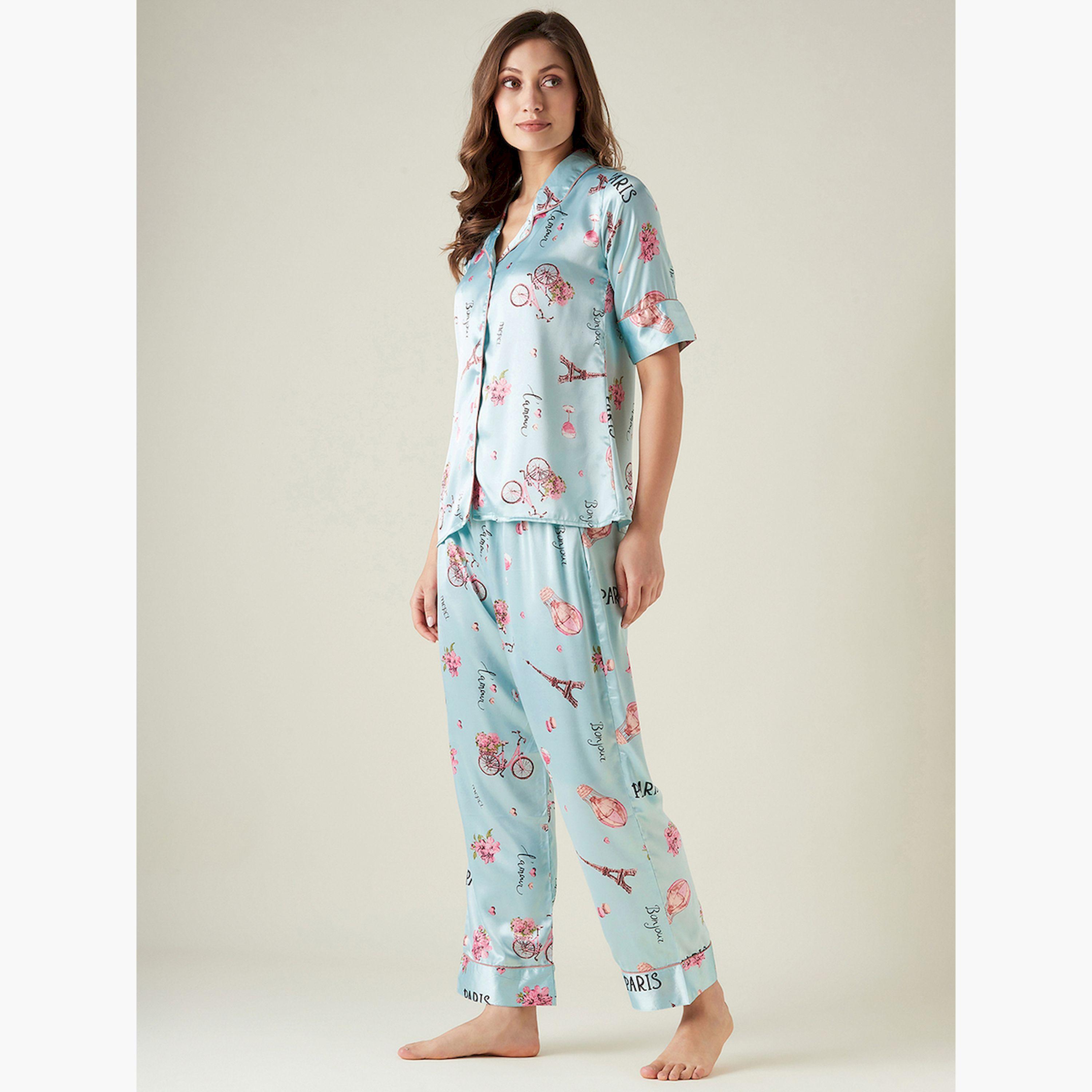 طقم بيجاما من بنطال وبلوزة ساتان بطبعة-women-clothing-nightwear-pyjamas-longsets-image-2