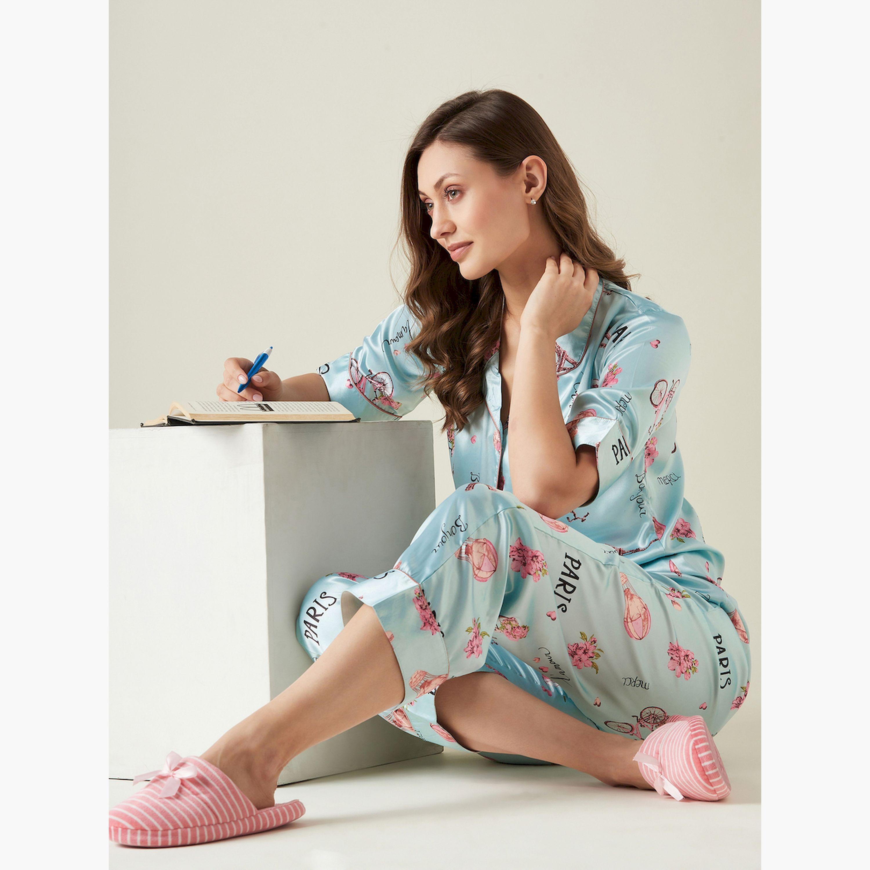 The Kaftan Company X Styli Blue Silky Satin Printed Shirt and Pyjama Set-women-clothing-nightwear-pyjamas-longsets-image-3