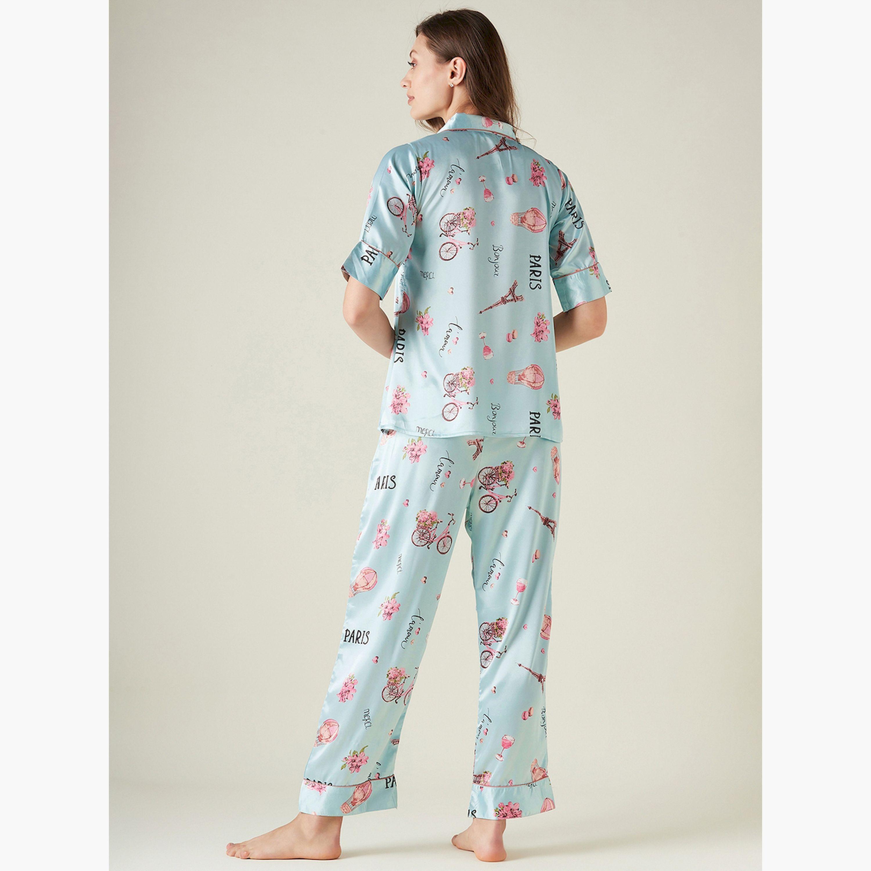 طقم بيجاما من بنطال وبلوزة ساتان بطبعة-women-clothing-nightwear-pyjamas-longsets-image-4