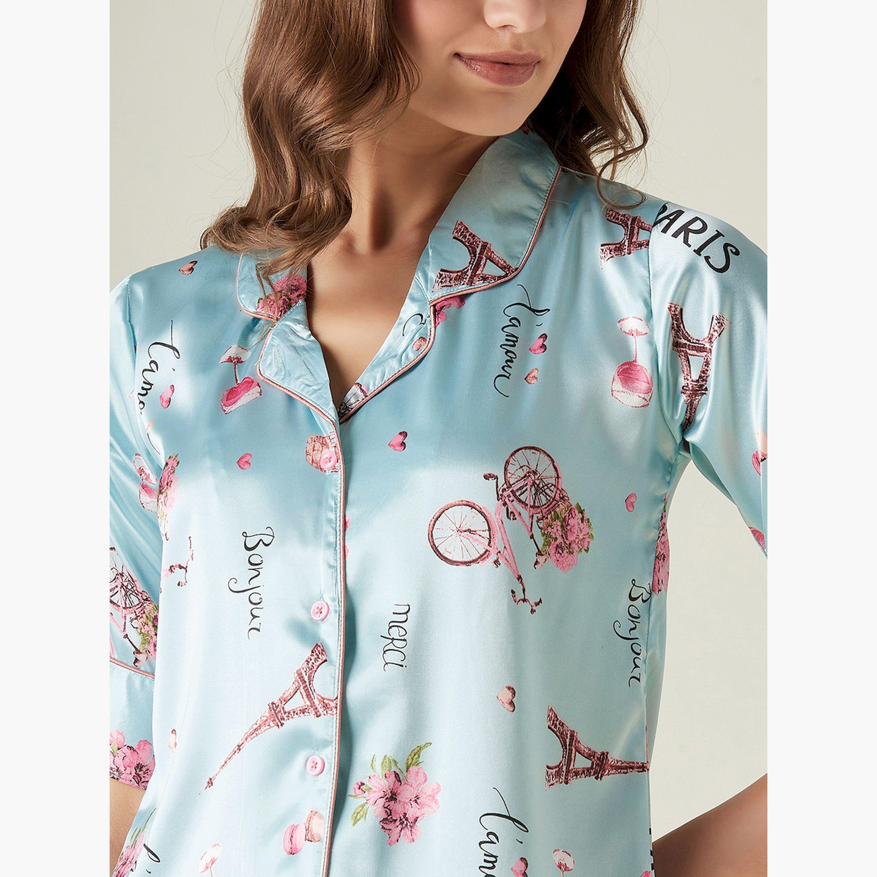 The Kaftan Company X Styli Blue Silky Satin Printed Shirt and Pyjama Set-women-clothing-nightwear-pyjamas-longsets-image-6