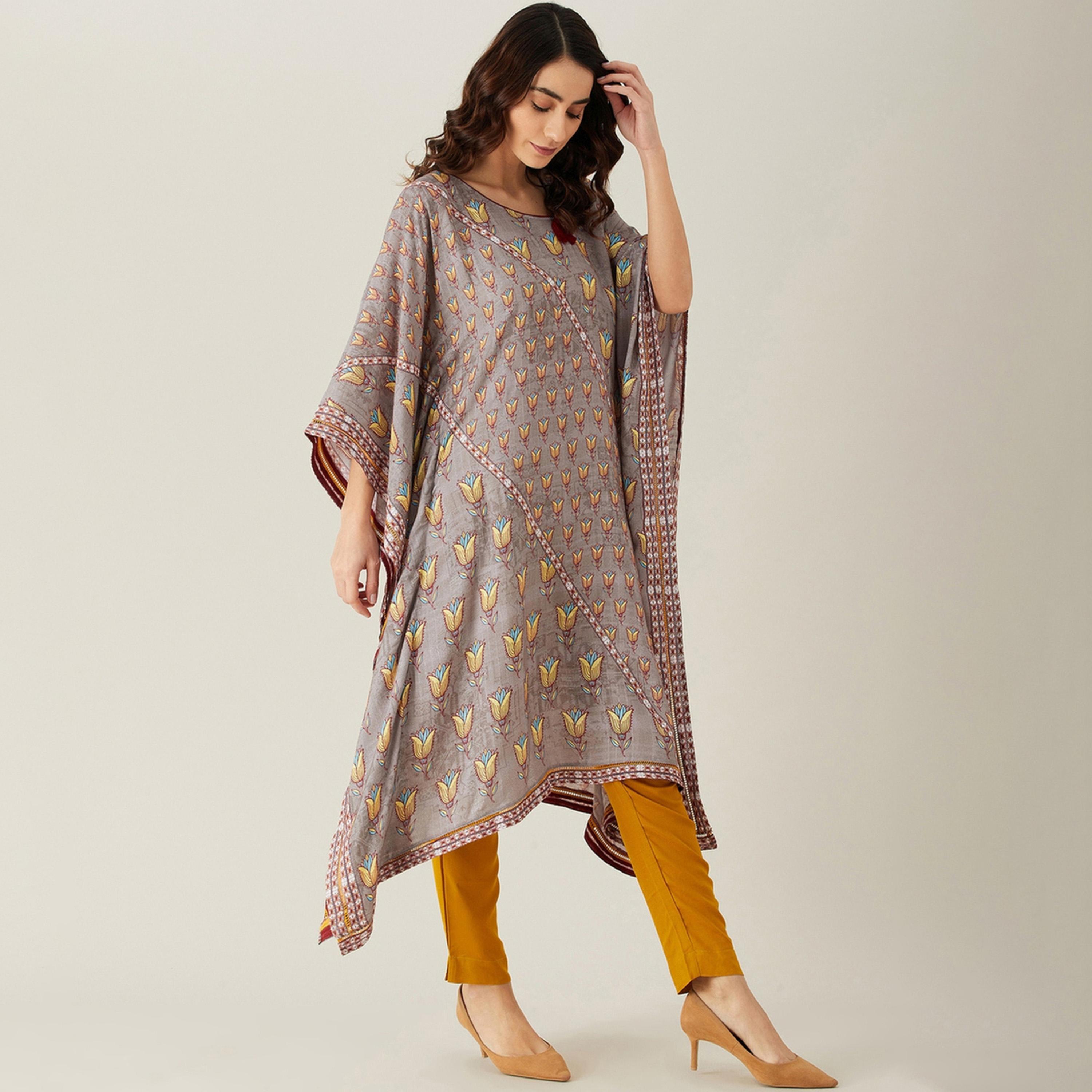 كورتا قفطان مودال بطبعة أزهار ودانتيل بوتا-women-clothing-ethnicwear-kurtas-image-1