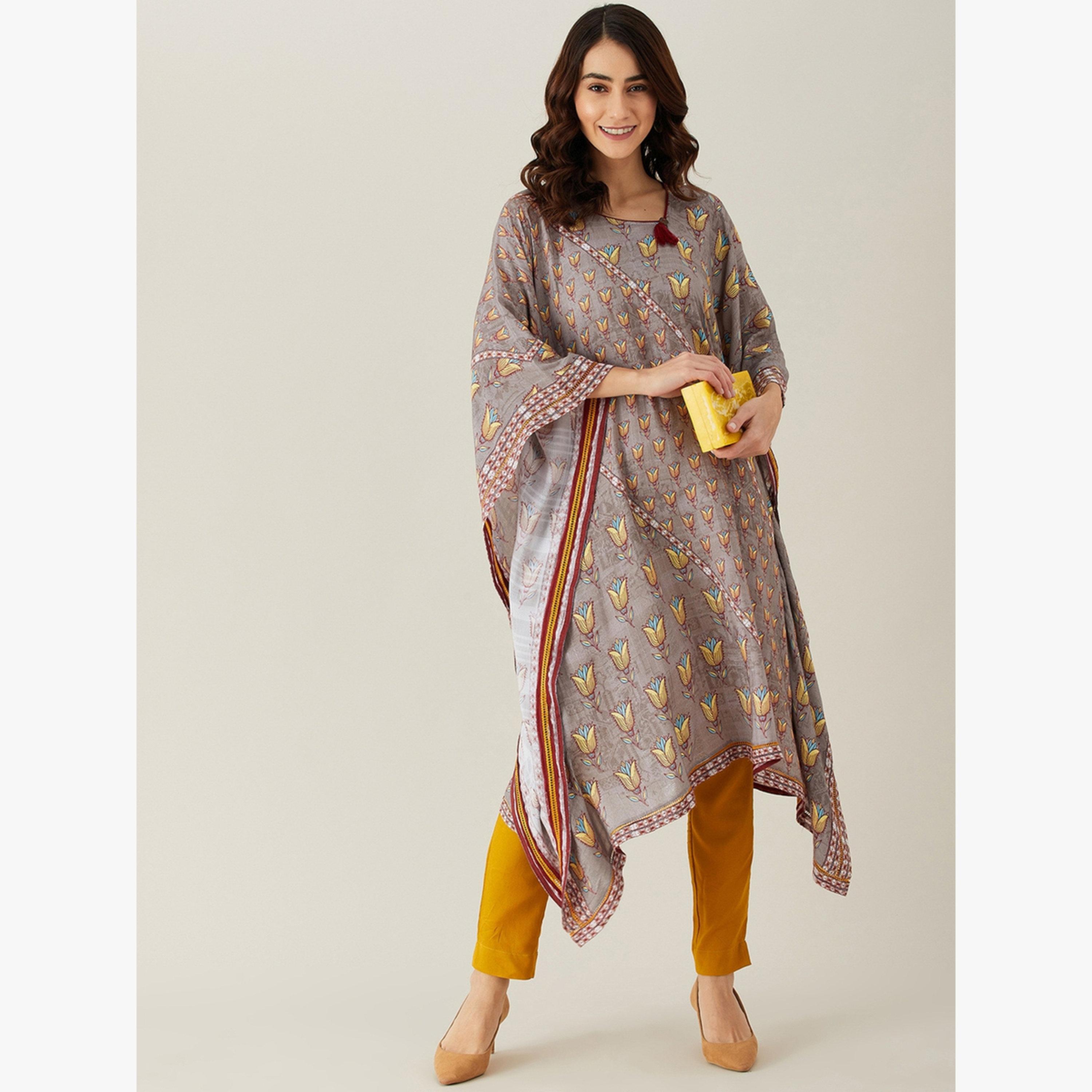The Kaftan Company X Styli Grey Floral Buta Lace Modal Kaftan Kurta-women-clothing-ethnicwear-kurtas-image-2