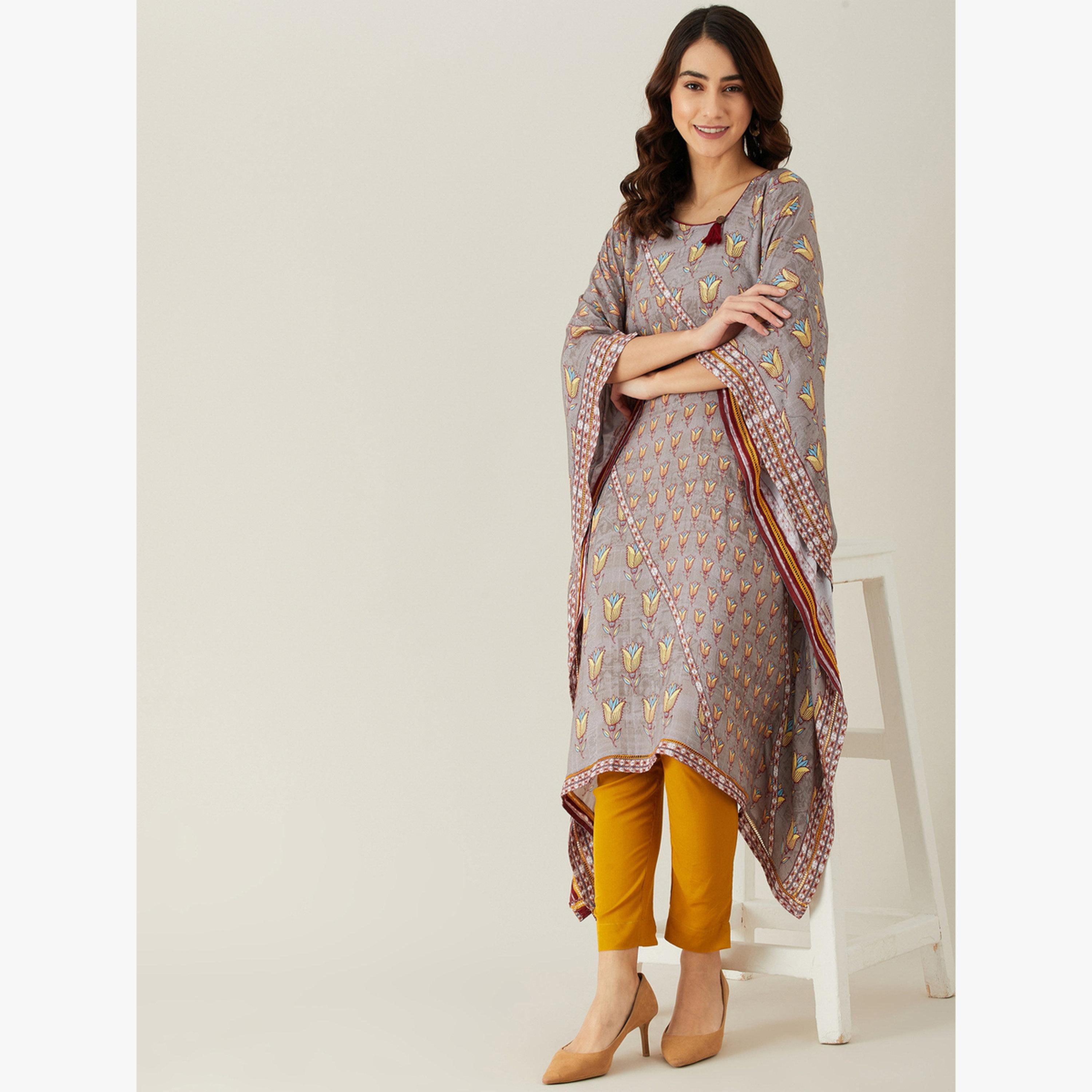 كورتا قفطان مودال بطبعة أزهار ودانتيل بوتا-women-clothing-ethnicwear-kurtas-image-3