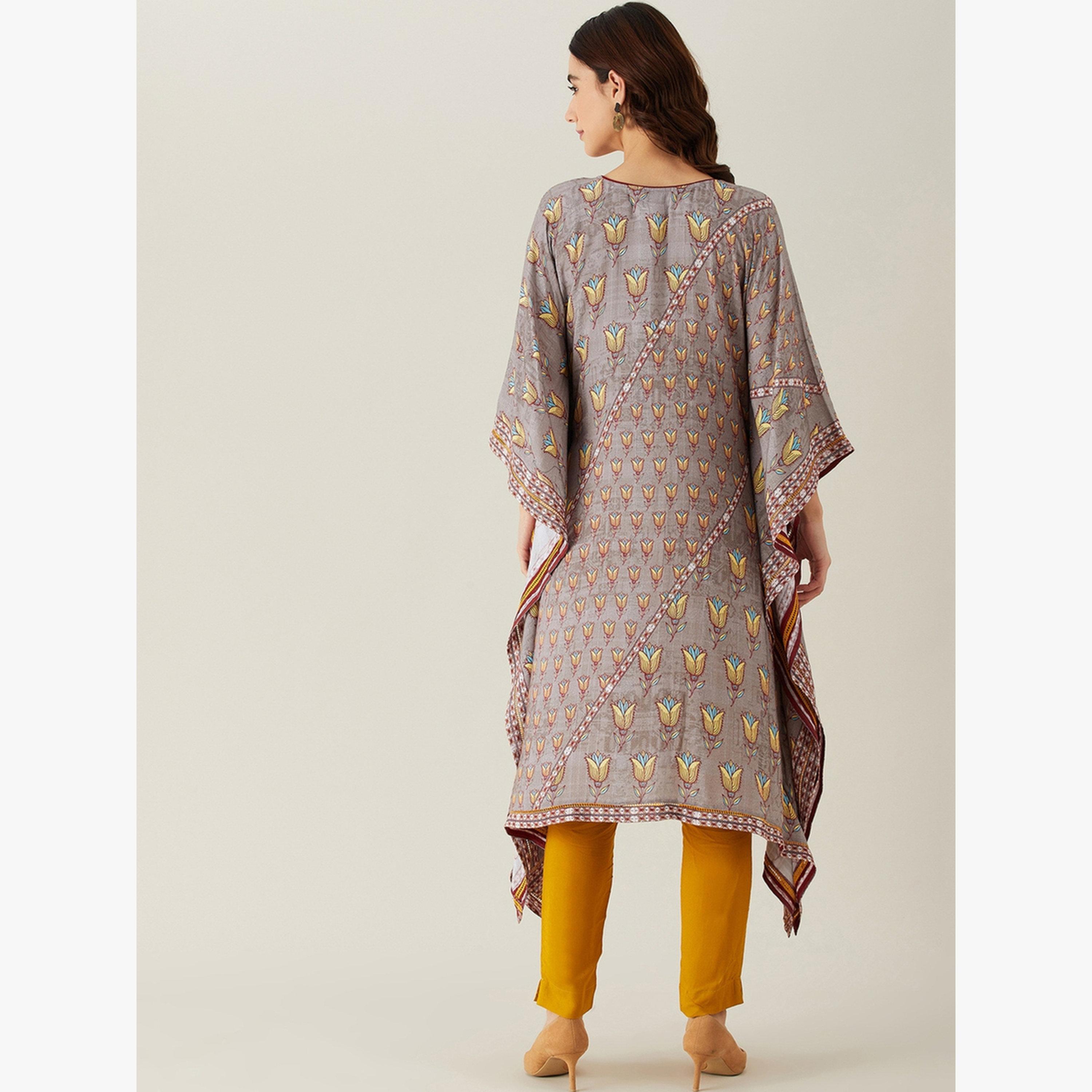 The Kaftan Company X Styli Grey Floral Buta Lace Modal Kaftan Kurta-women-clothing-ethnicwear-kurtas-image-4