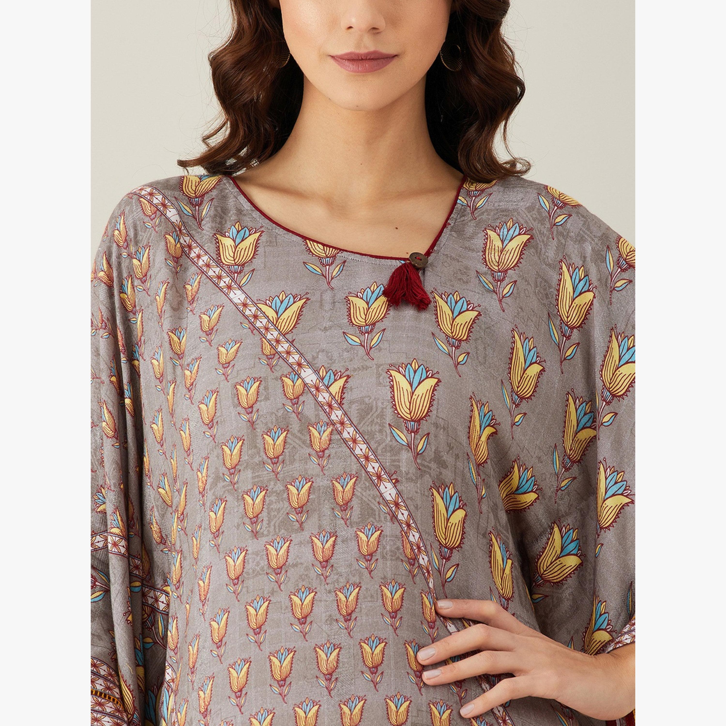 The Kaftan Company X Styli Grey Floral Buta Lace Modal Kaftan Kurta-women-clothing-ethnicwear-kurtas-image-5