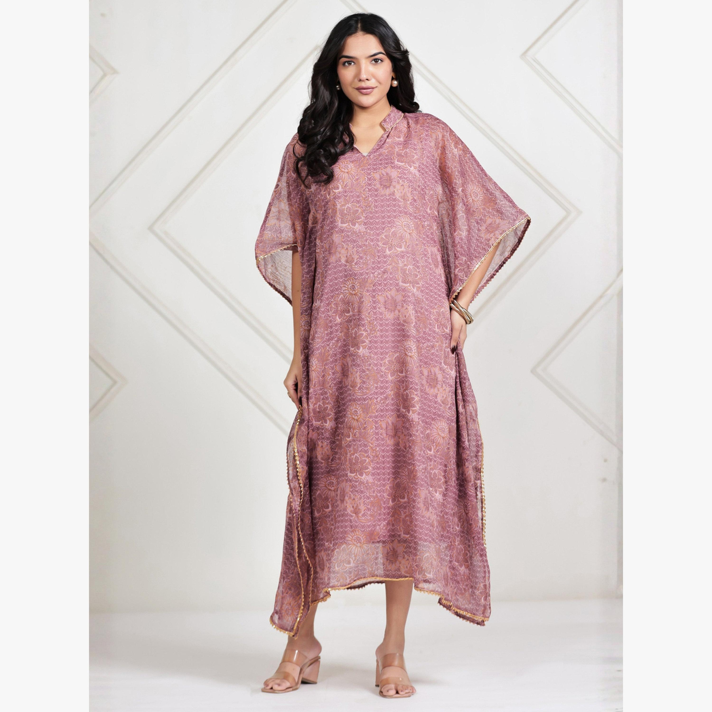 The Kaftan Company X Styli Pink Chiffon Floral Print Kaftan-women-arabicclothing-kaftan-image-1