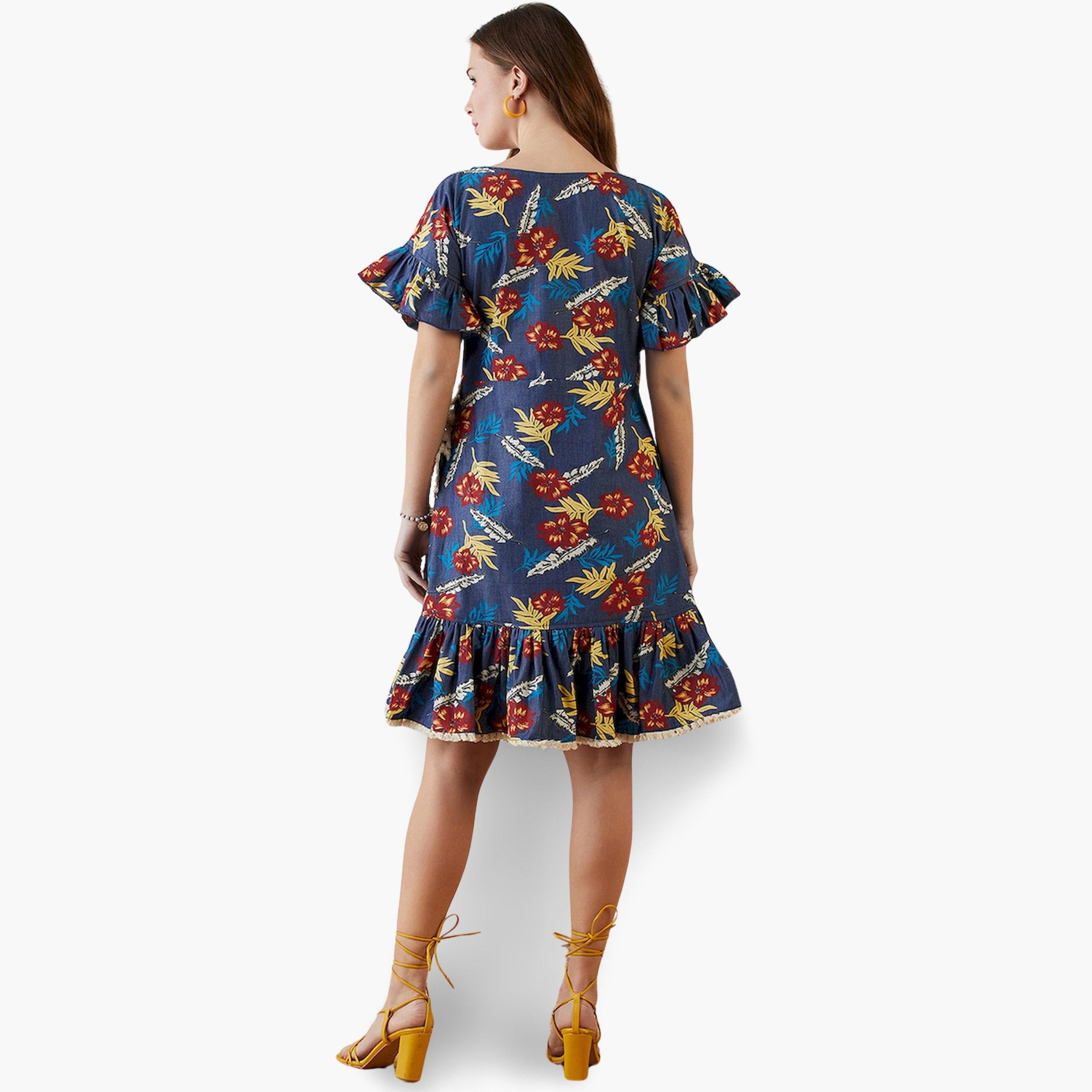 The Kaftan Company X Styli Navy Blue Floral A-Line Knee-Length Dress-women-clothing-jumpsuits-image-3