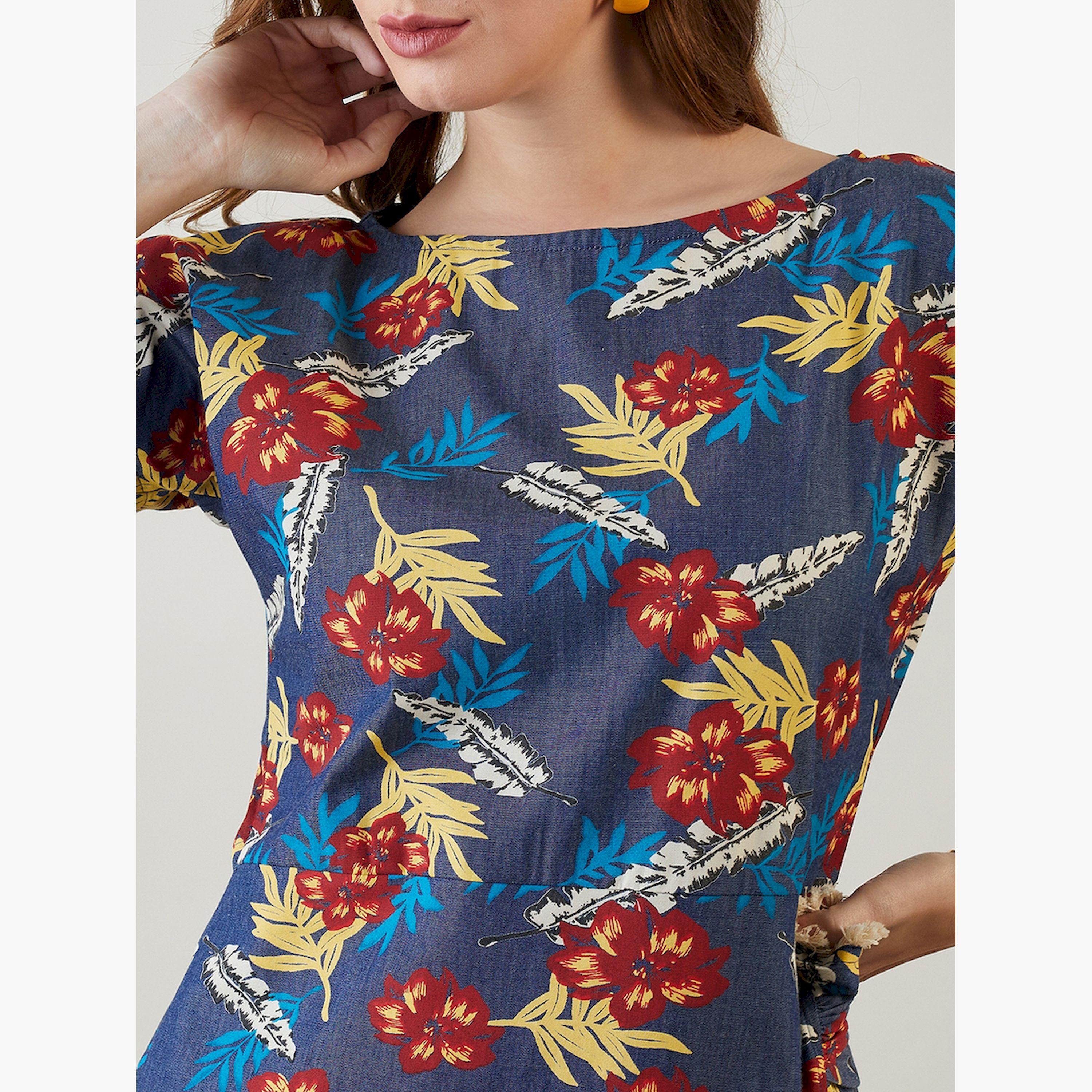 فستان كحلي بنقشة الزهور بحافة واسعة وطول الركبة-women-clothing-jumpsuits-image-4