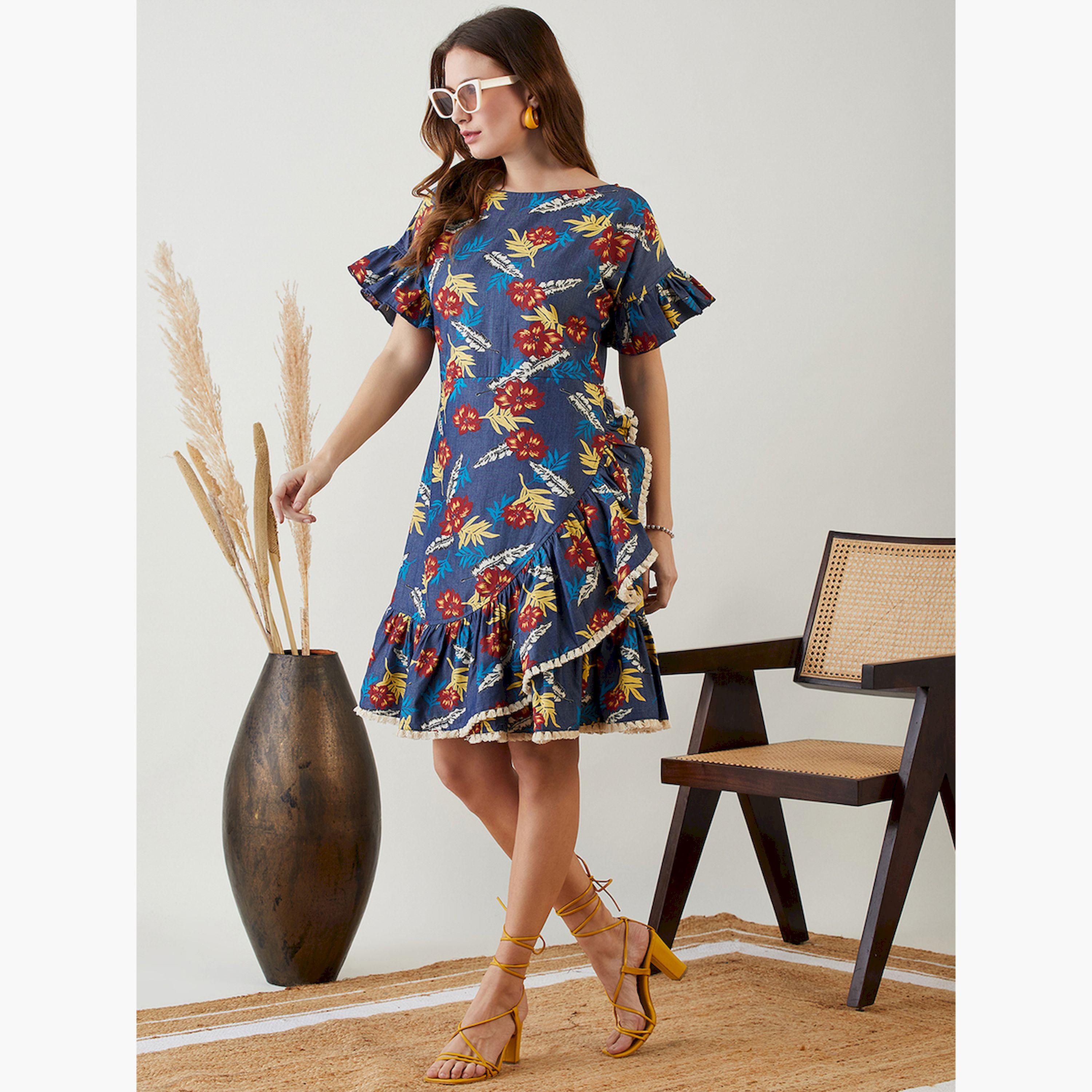 The Kaftan Company X Styli Navy Blue Floral A-Line Knee-Length Dress-women-clothing-jumpsuits-image-5