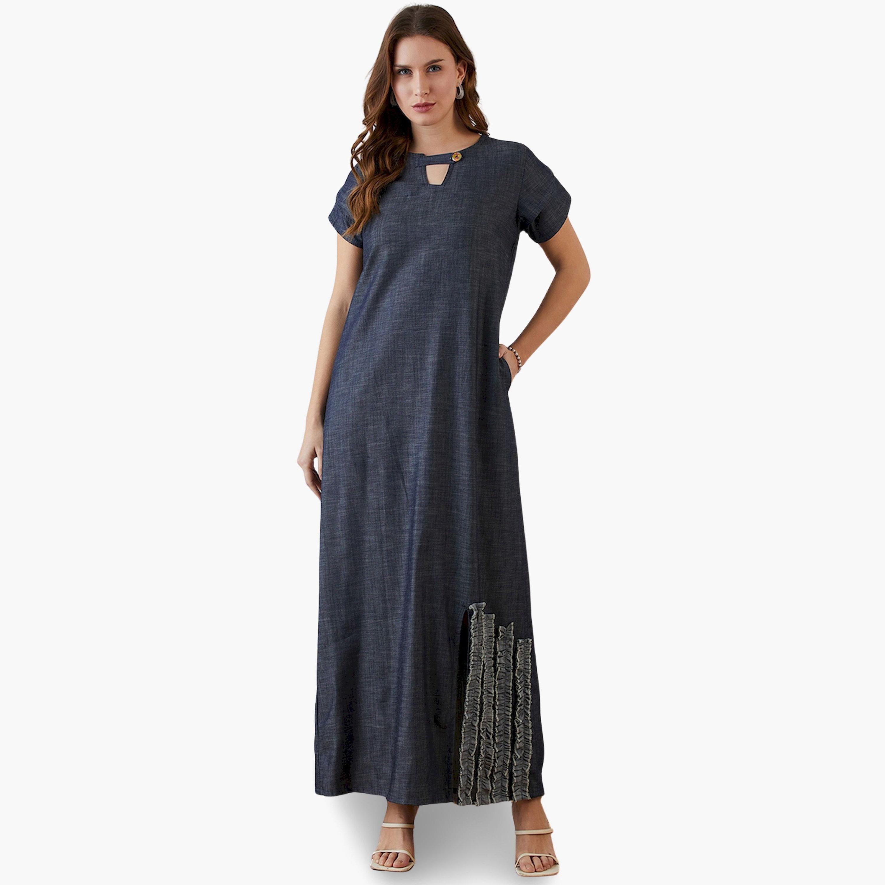 فستان جينز ماكسي كحلي بتفاصيل مكشكشة-women-clothing-dresses-image-1