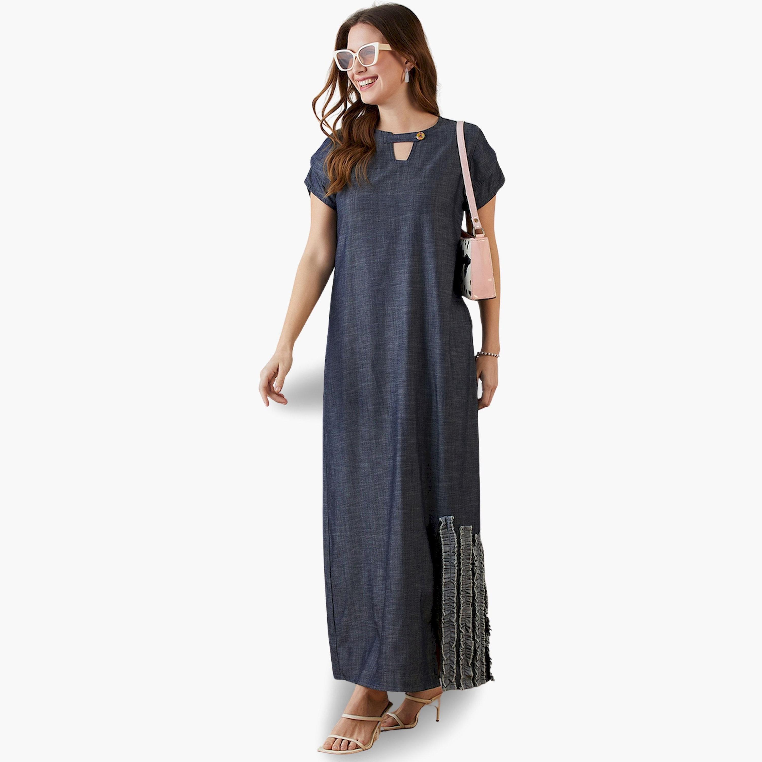 فستان جينز ماكسي كحلي بتفاصيل مكشكشة-women-clothing-dresses-image-2