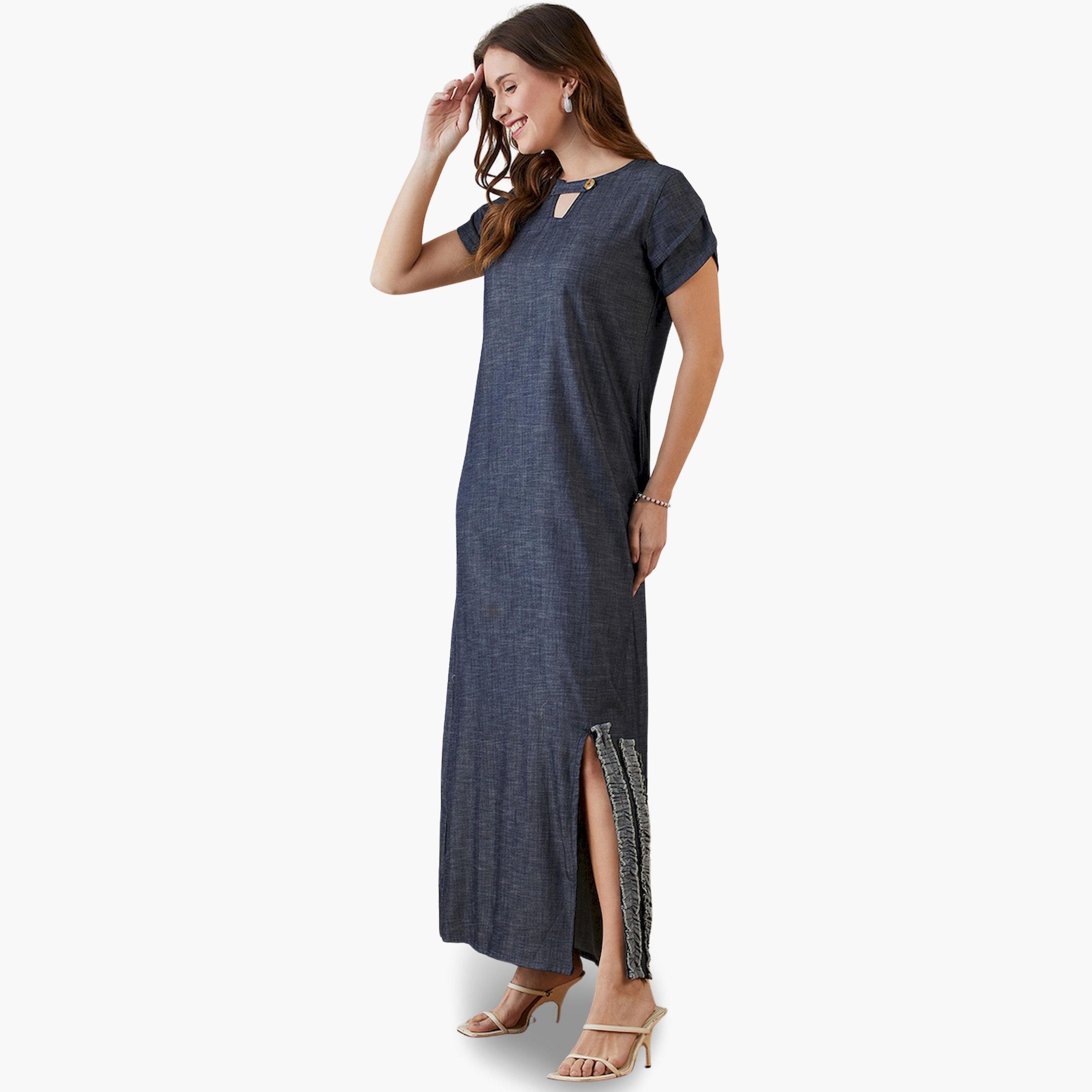 فستان جينز ماكسي كحلي بتفاصيل مكشكشة-women-clothing-dresses-image-3
