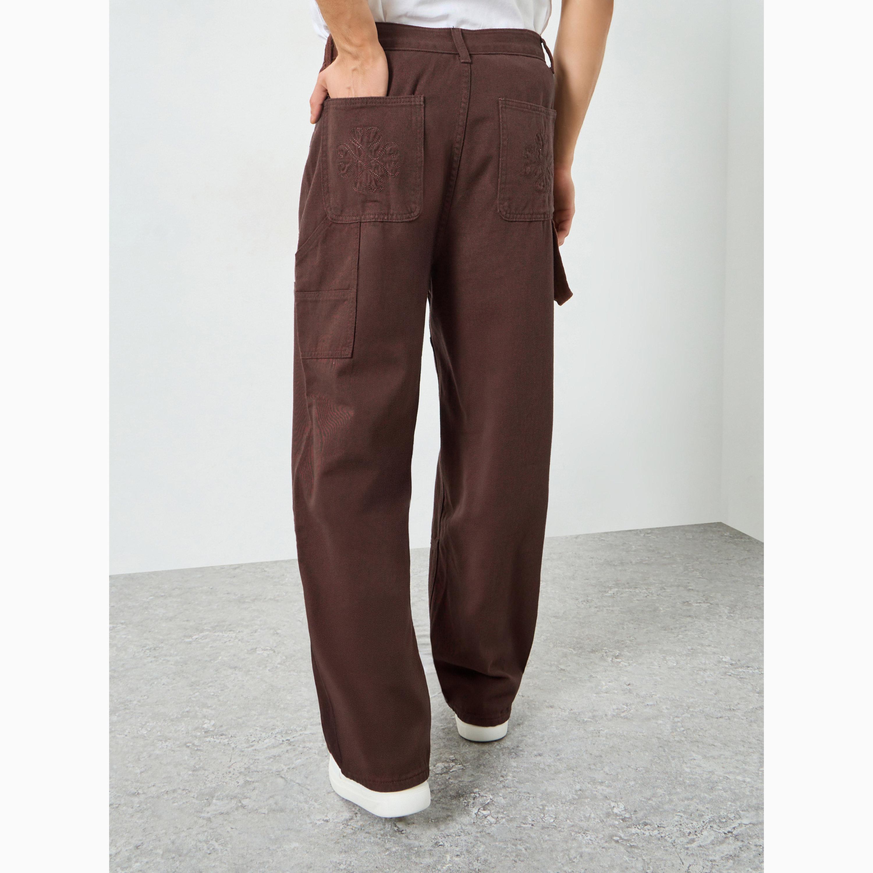 جينز قصة مستقيمة وتفاصيل مطرزة لون بني للرجال-men-clothing-bottoms-jeans-image-5