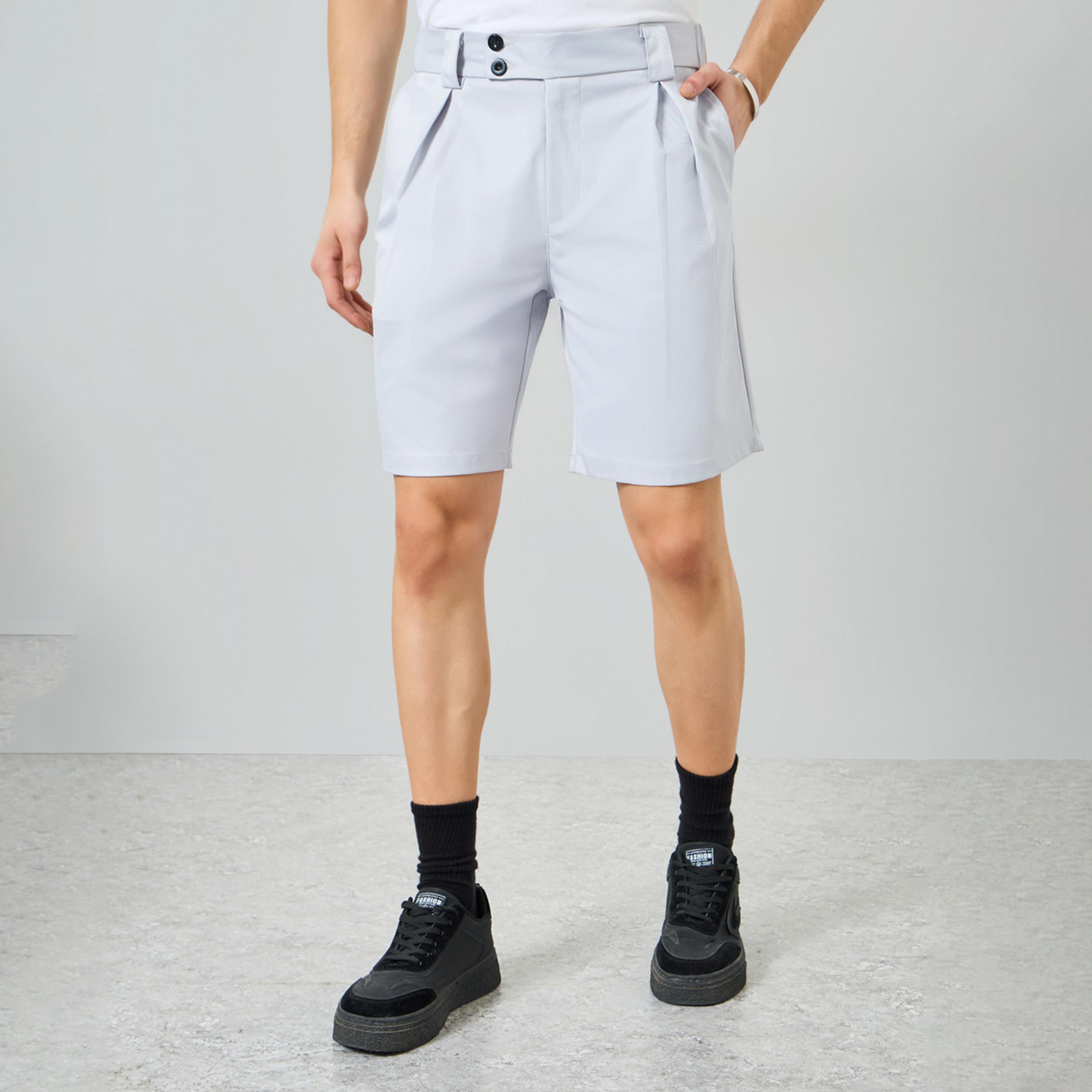 Take Two Men Grey Pleated Button Detail Shorts-men-clothing-bottoms-shorts-image-1
