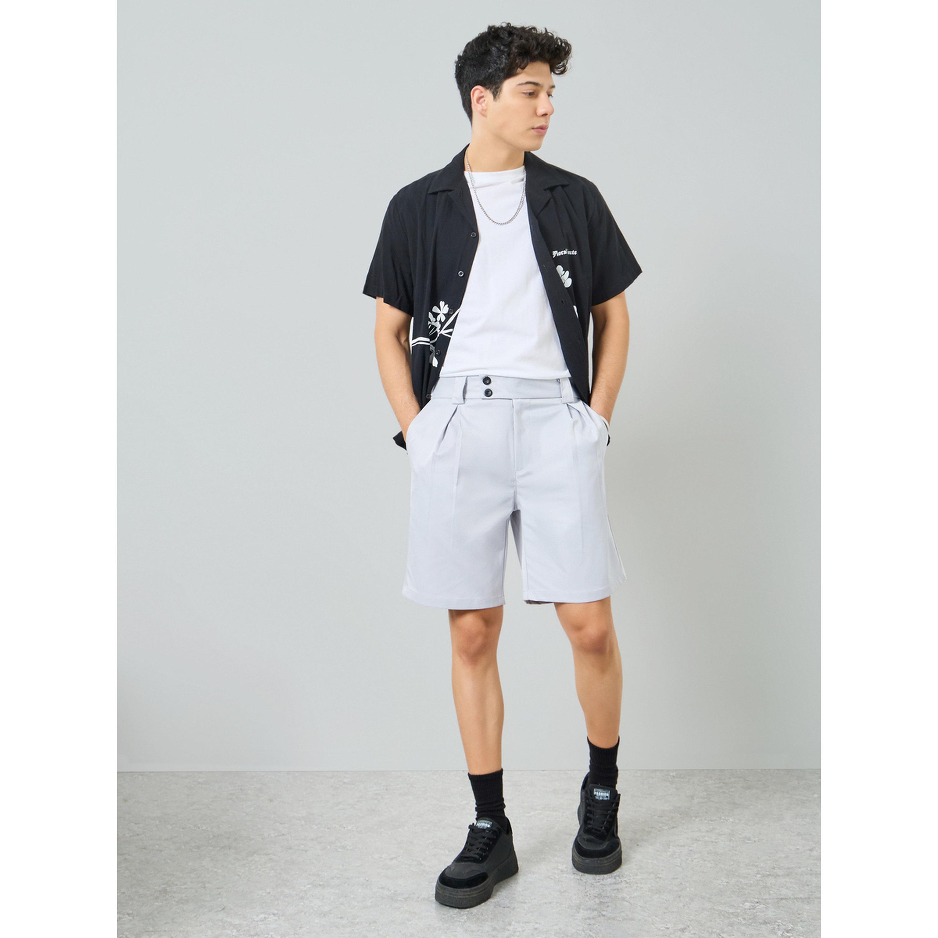 Take Two Men Grey Pleated Button Detail Shorts-men-clothing-bottoms-shorts-image-2
