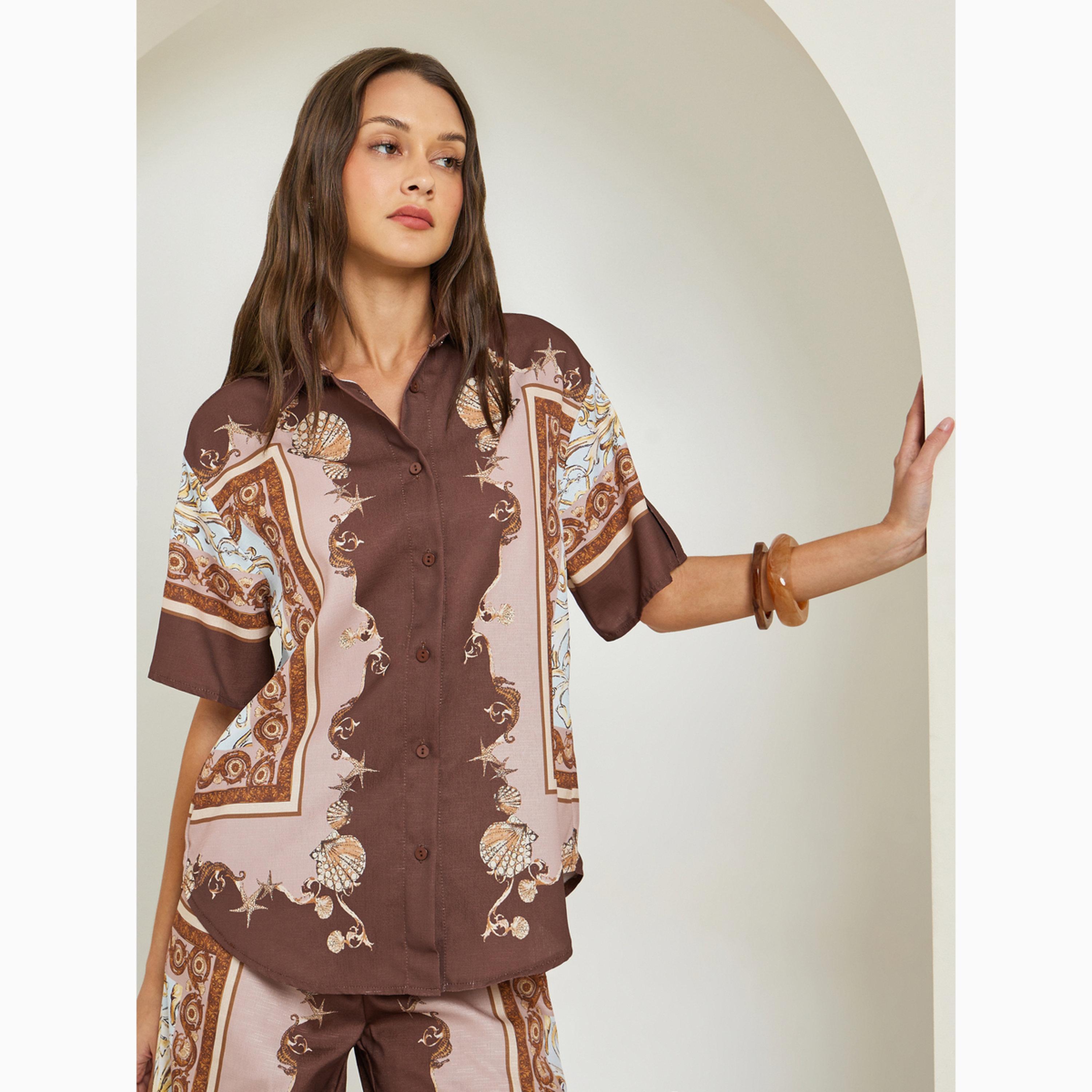 Styli Brown Scarf Print Short Sleeve Shirt-women-clothing-shirtsandblouses-shirts-image-3