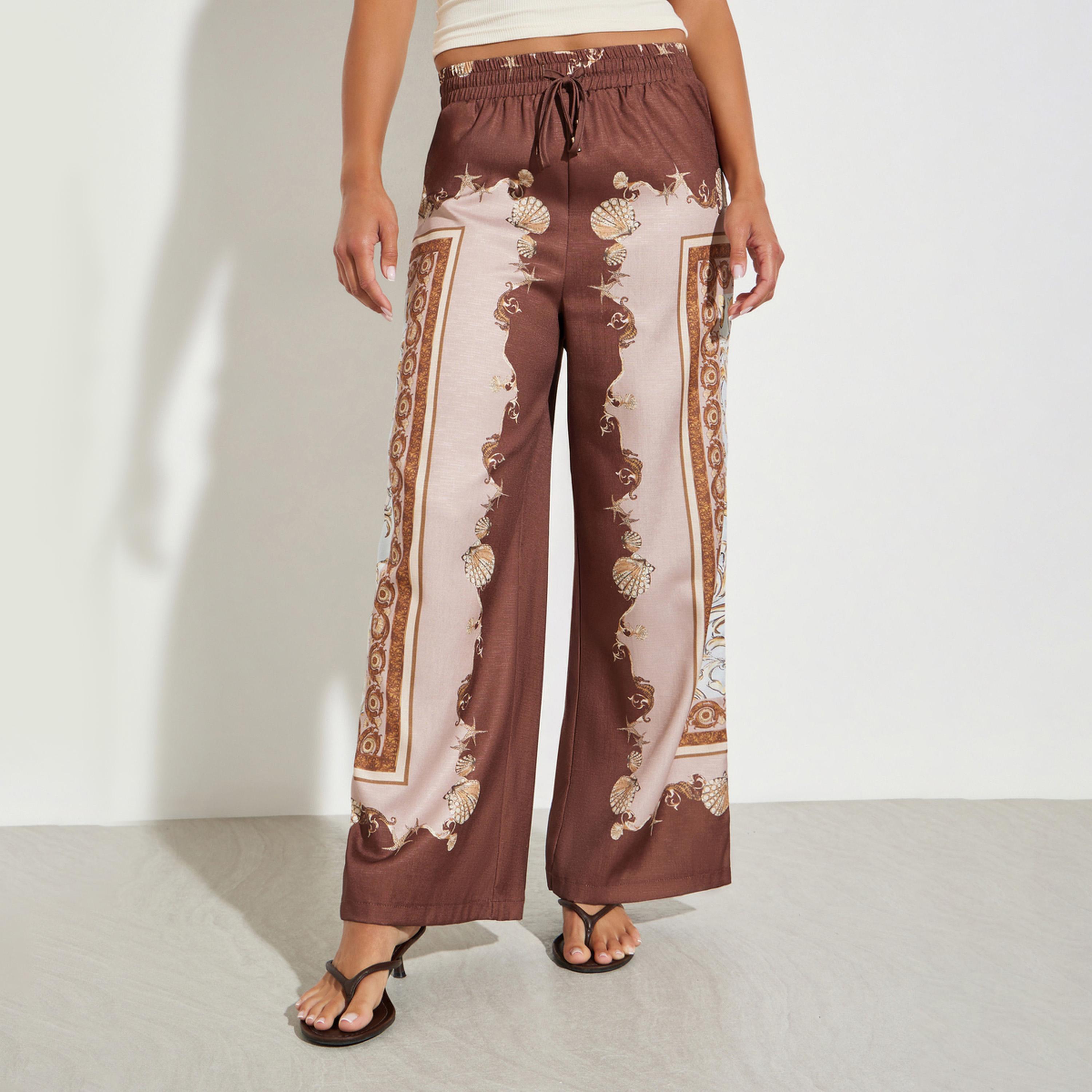 بنطال بأرجل واسعة ونقشة سكارف بني-women-clothing-bottoms-joggers-image-1